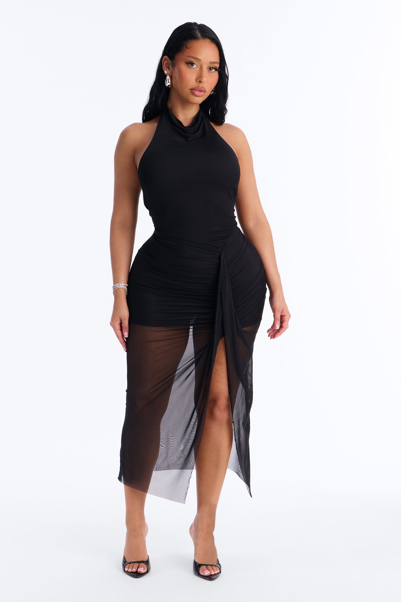 Candice Halter Mesh Midi Dress - Black