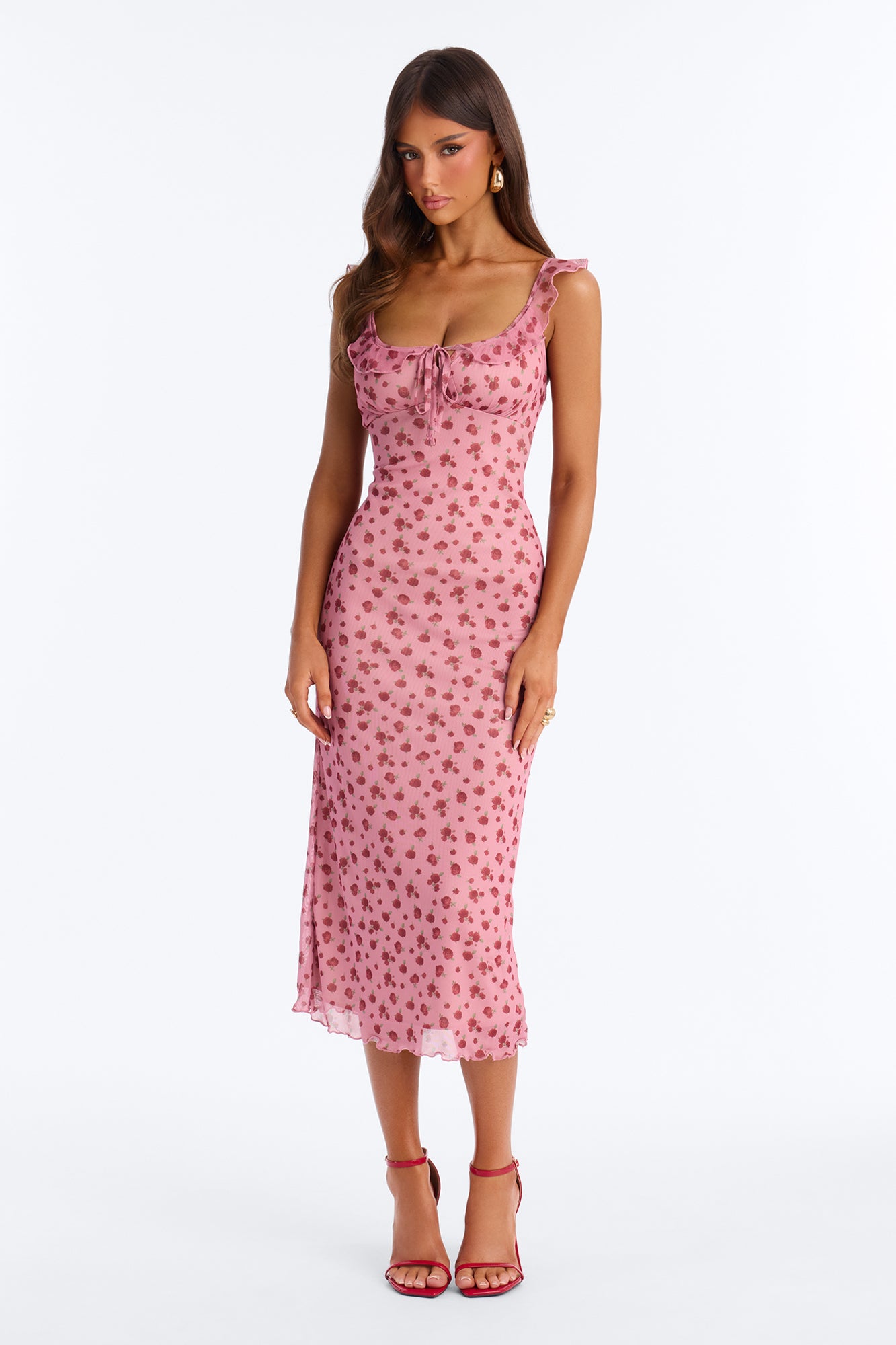 Amelia Floral Mesh Midi Dress - Pink