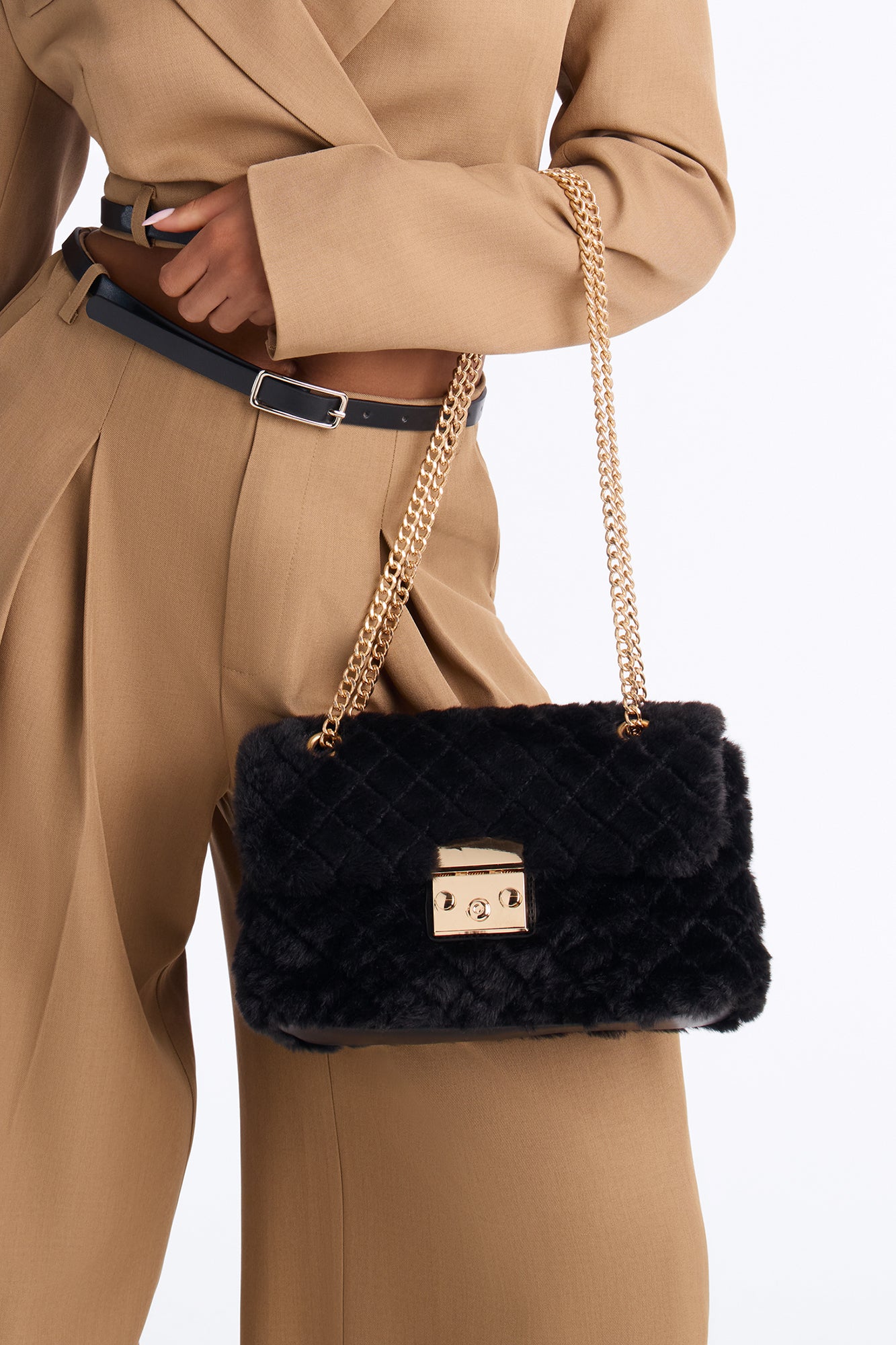 Easy Weather Faux Fur Shoulder Handbag - Black