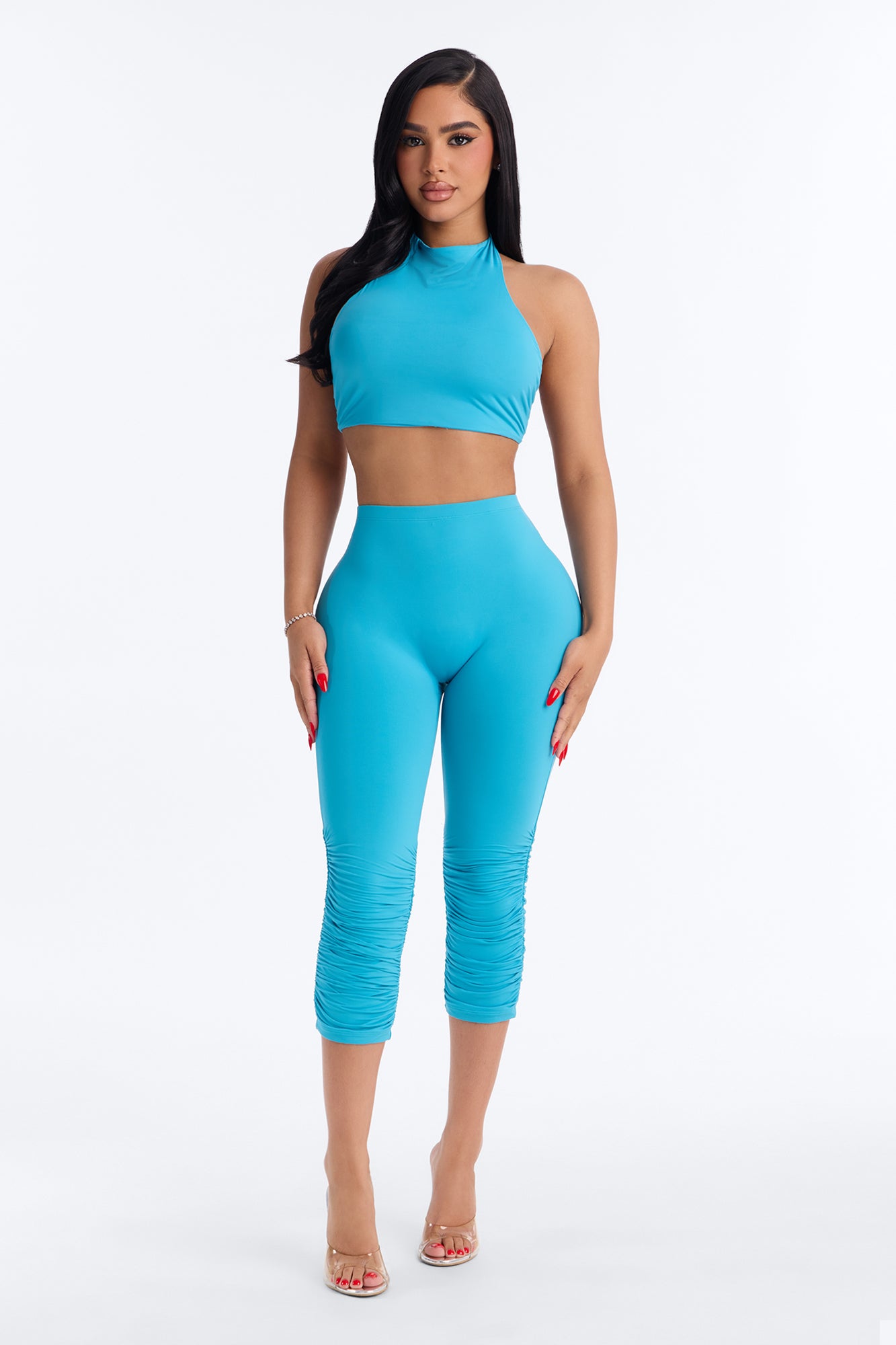 Second Skin Padded Backless Mock Neck Halter Top - Blue