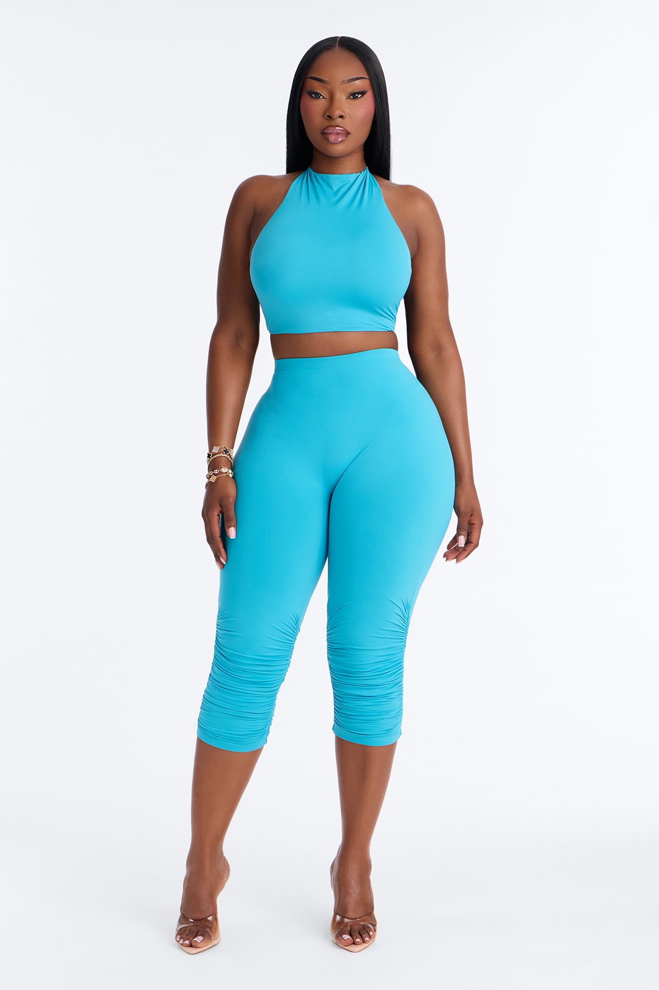 Second Skin Padded Backless Mock Neck Halter Top - Blue