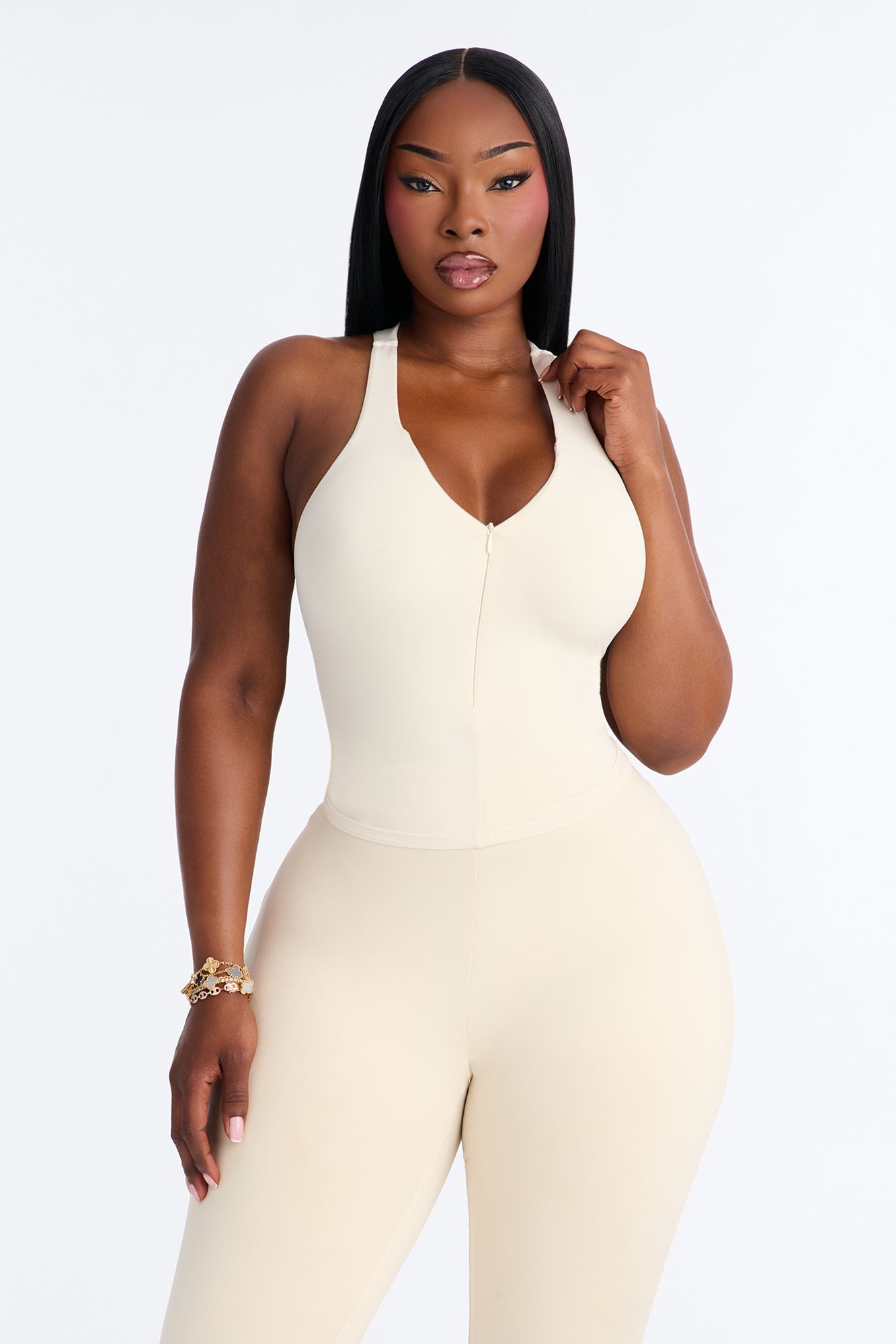 Second Skin Double Lined Front Zip Sleeveless Top - Bone