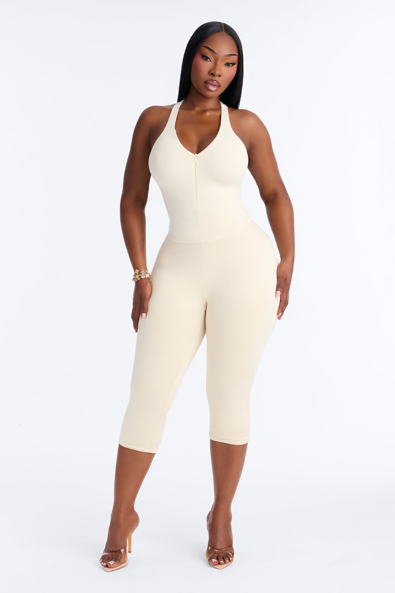 Second Skin Double Lined Front Zip Sleeveless Top - Bone
