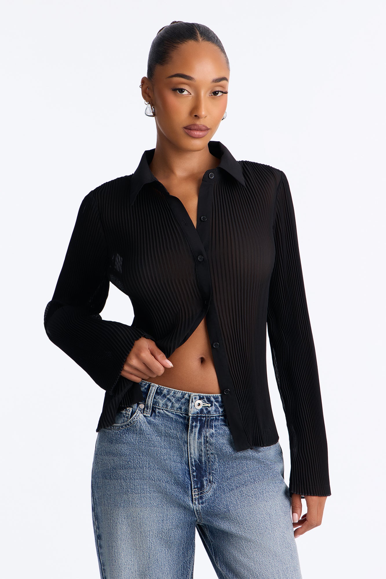 Taking Calls Plisse Chiffon Blouse - Black