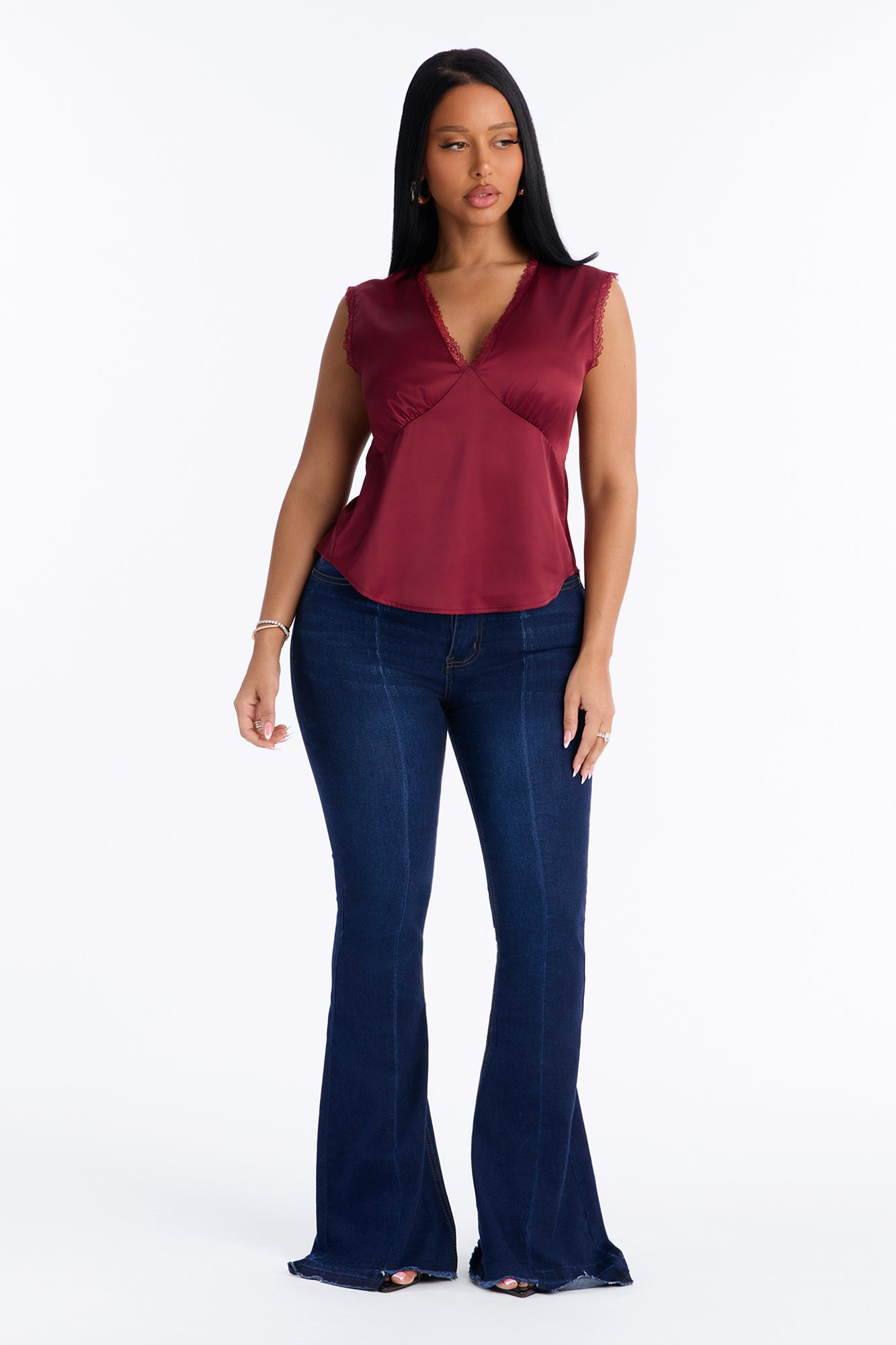 Sweet Smiles Satin Keyhole Blouse - Burgundy