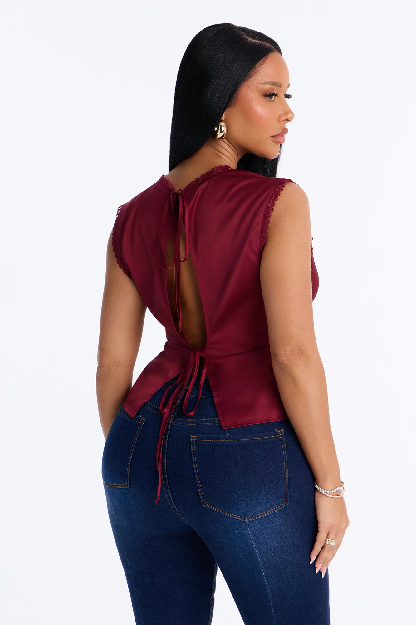 Sweet Smiles Satin Keyhole Blouse - Burgundy