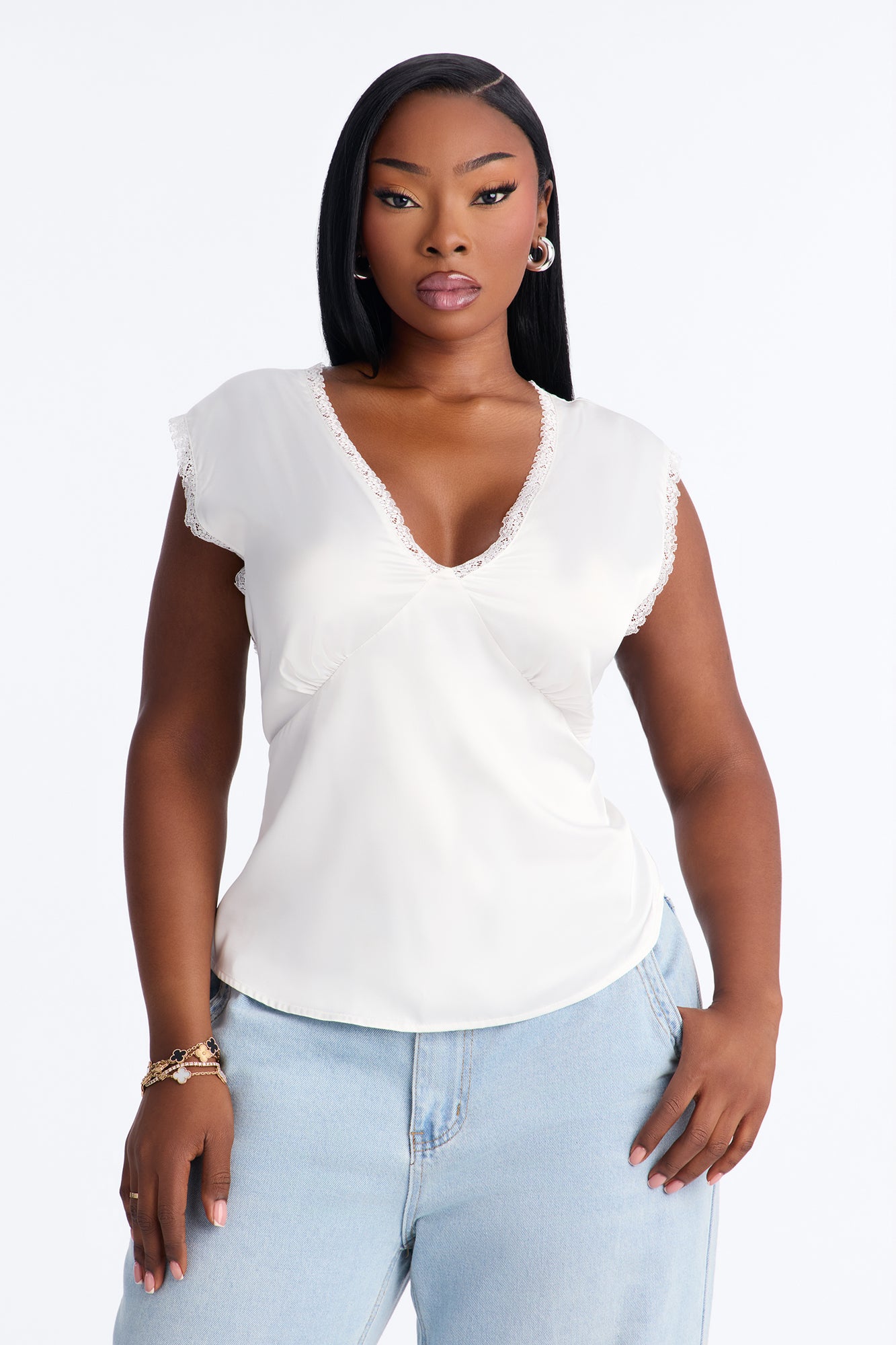 Sweet Smiles Satin Keyhole Blouse - Ivory