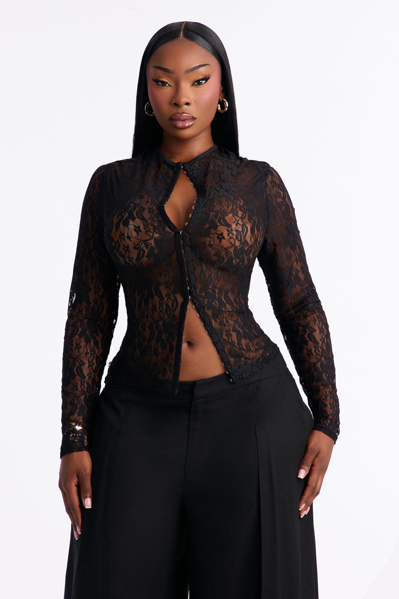 Lani Lace Mock Neck Long Sleeve Top - Black