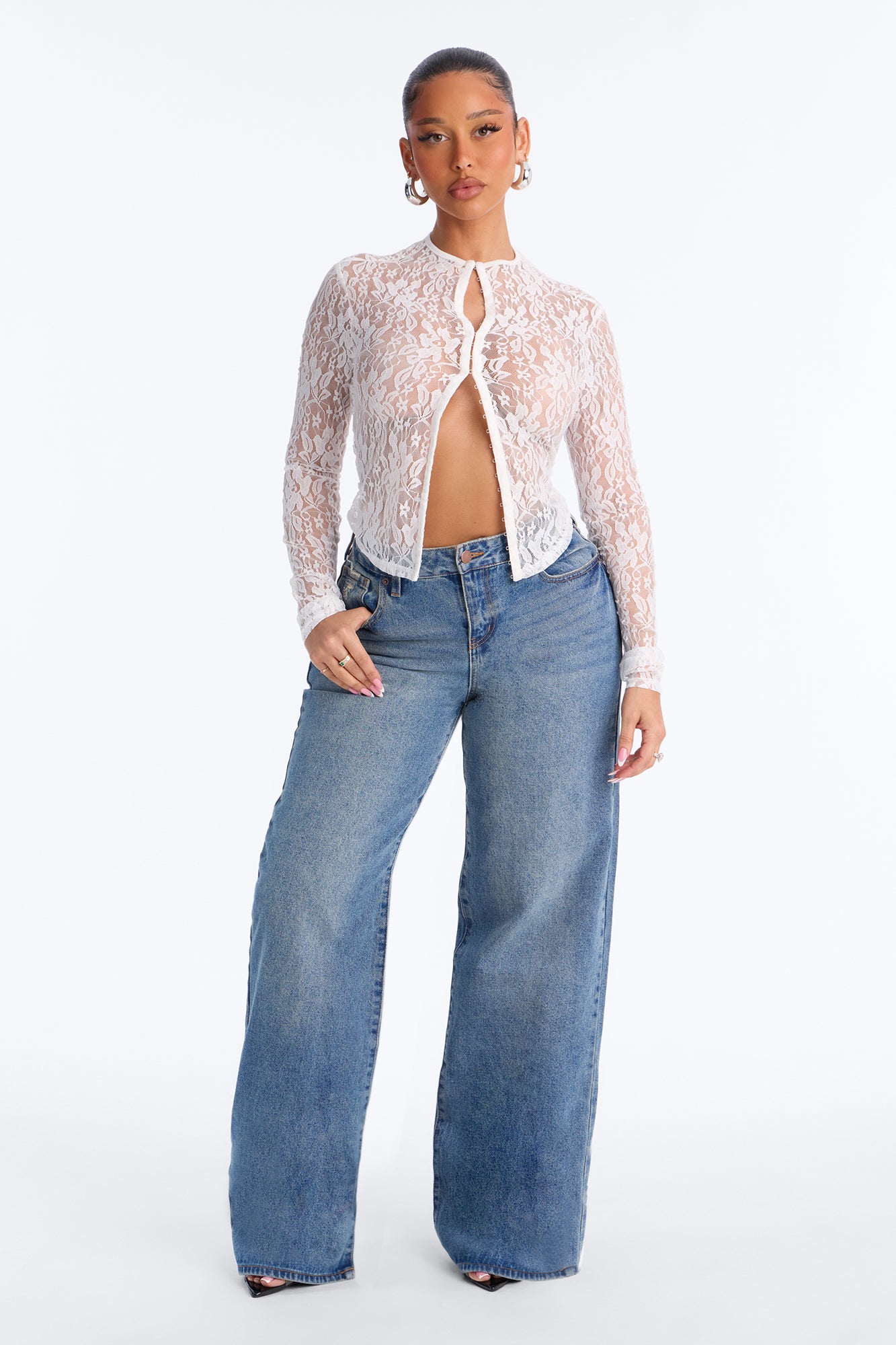 Lani Lace Mock Neck Long Sleeve Top - White