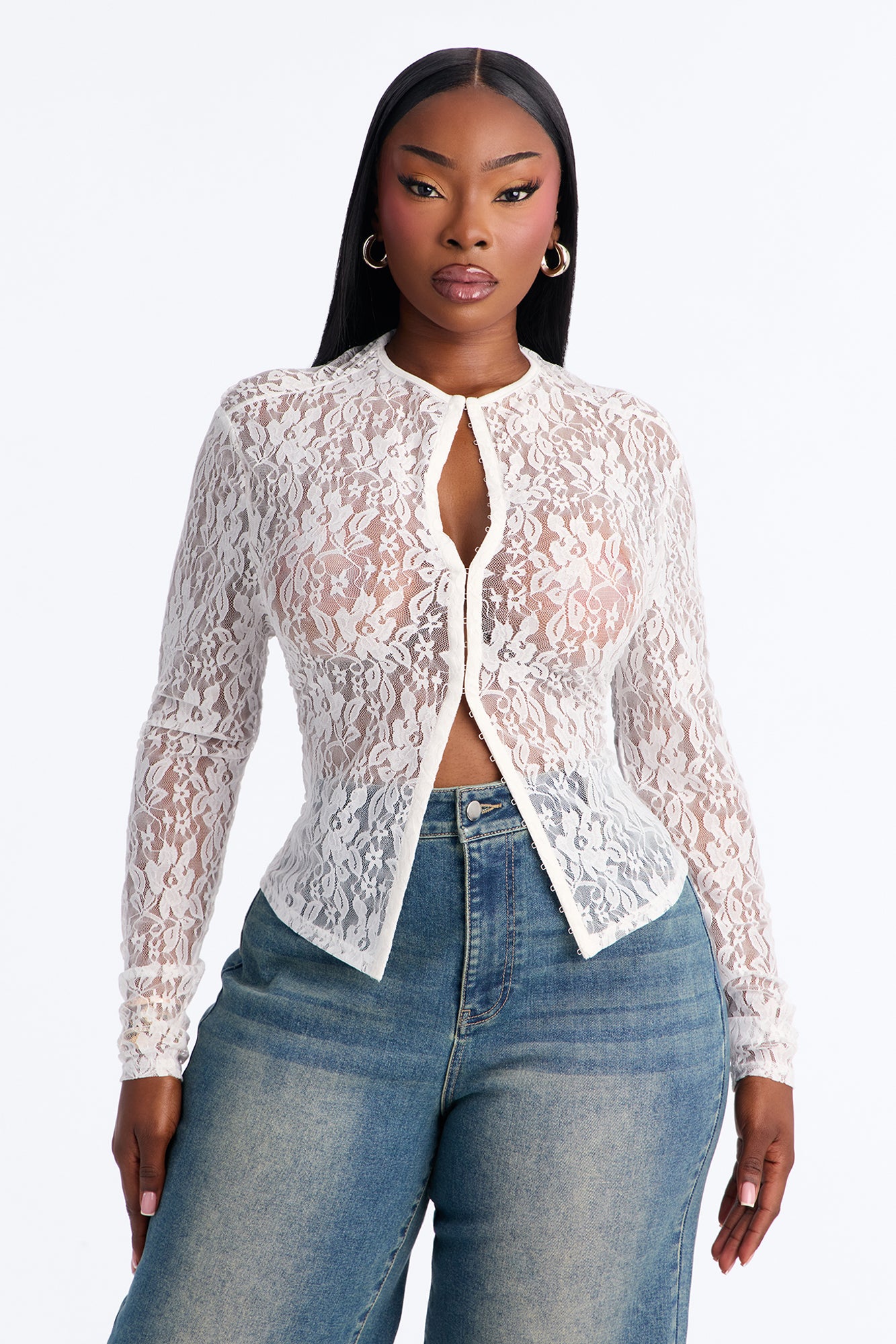 Lani Lace Mock Neck Long Sleeve Top - White