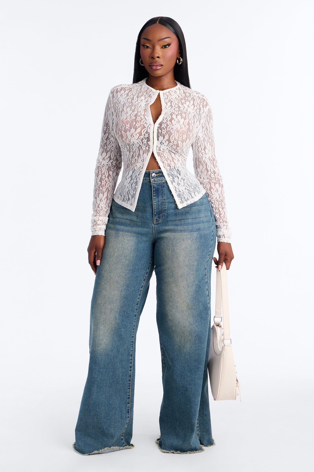 Lani Lace Mock Neck Long Sleeve Top - White