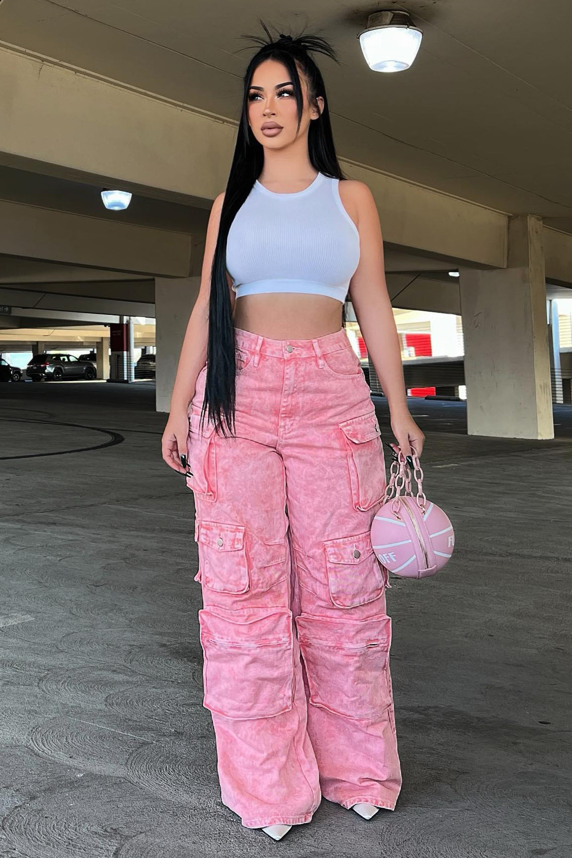 Lily High Rise Cargo Jeans - Pink