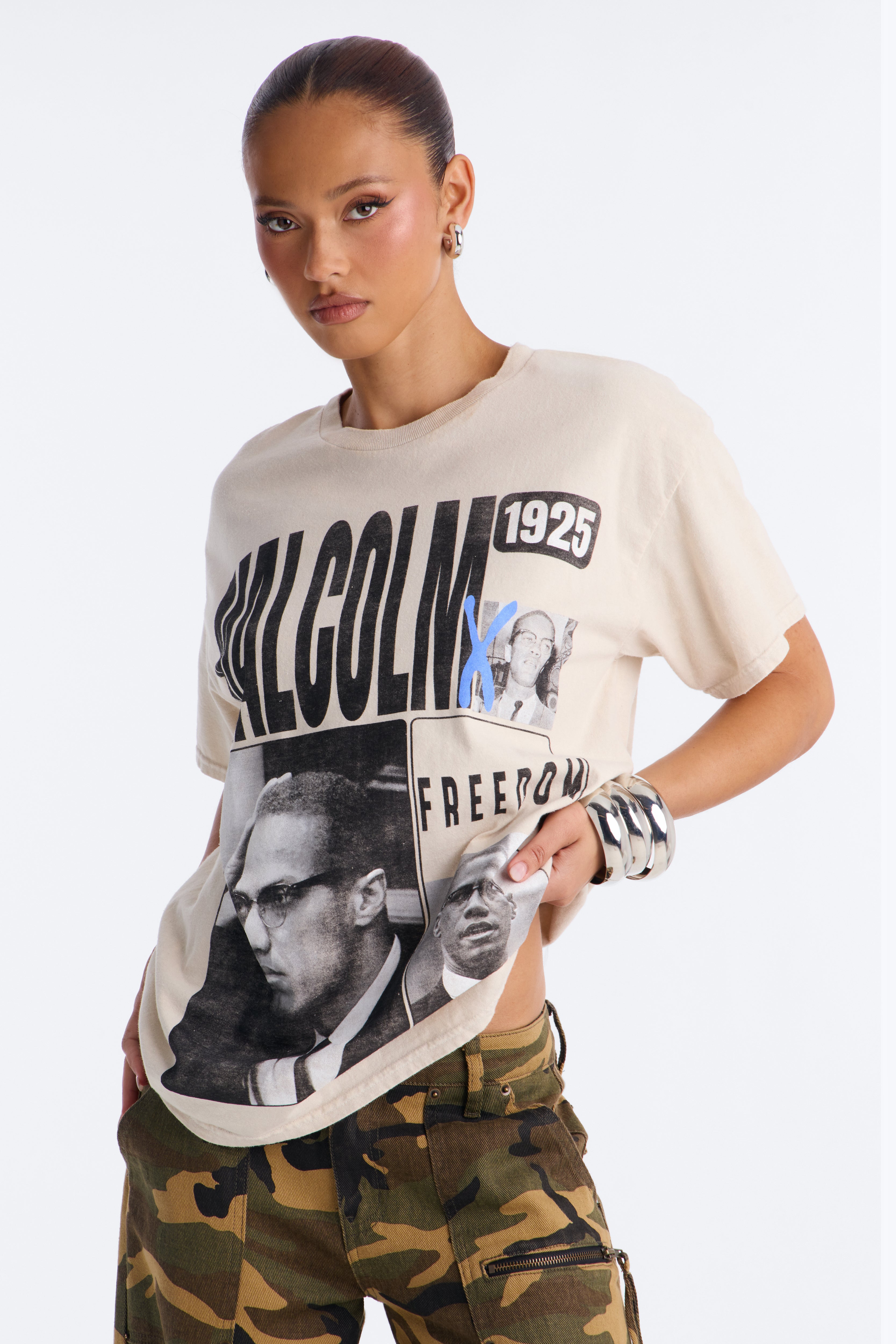 Malcolm X Freedom Washed Oversized Tee - Light Grey