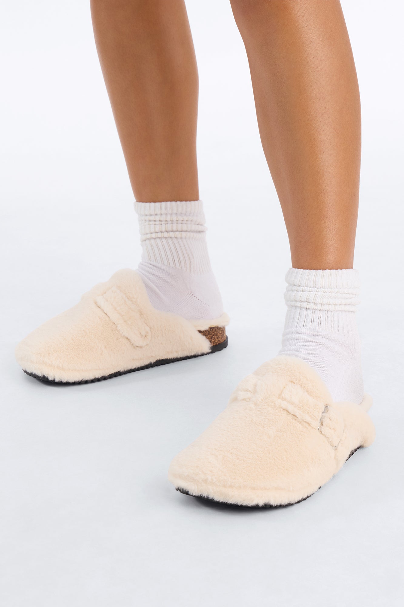 Mocha Buckle Faux Fur Slides - White