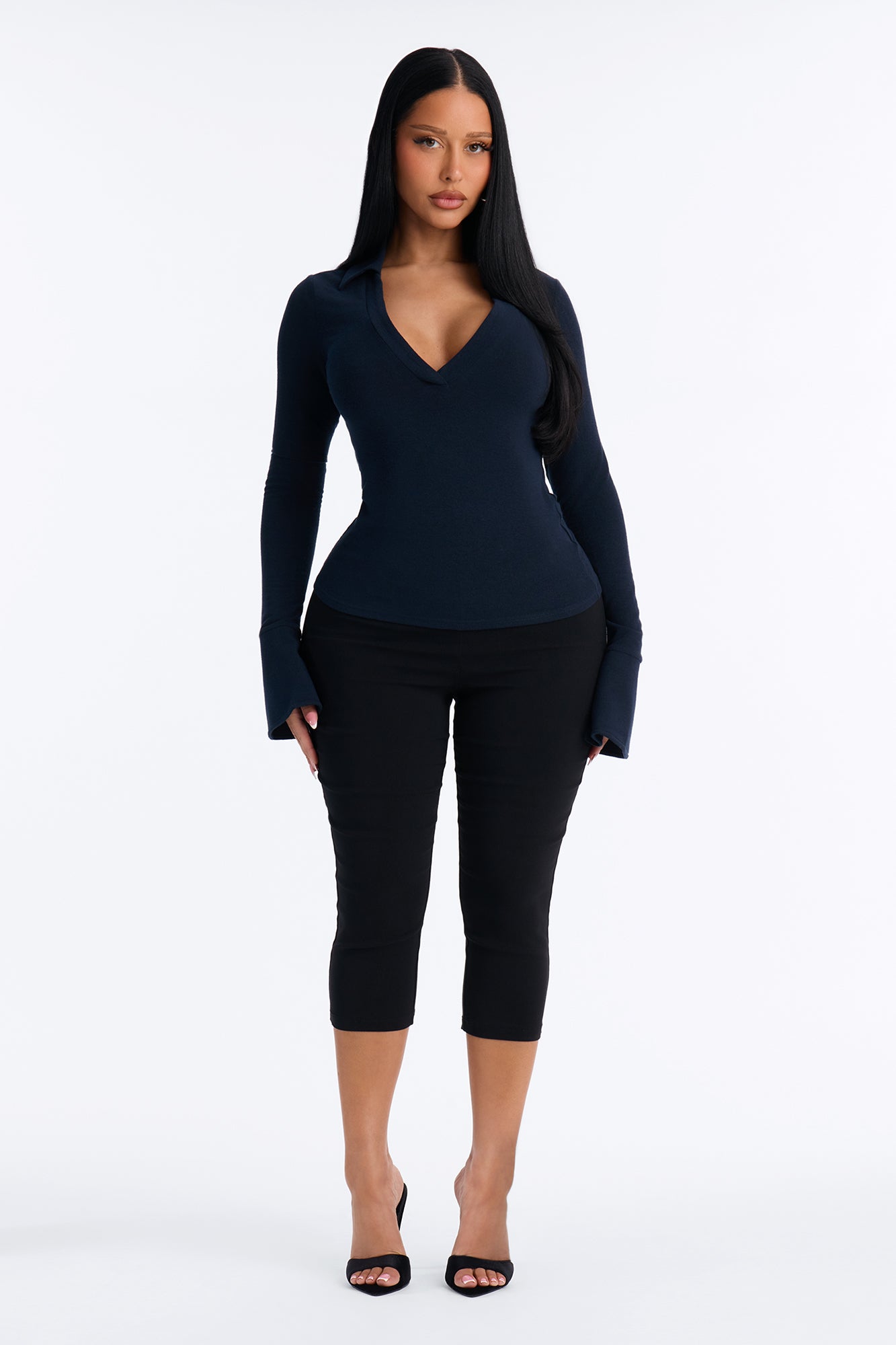 She's Focused Long Sleeve Collared Top - Navy