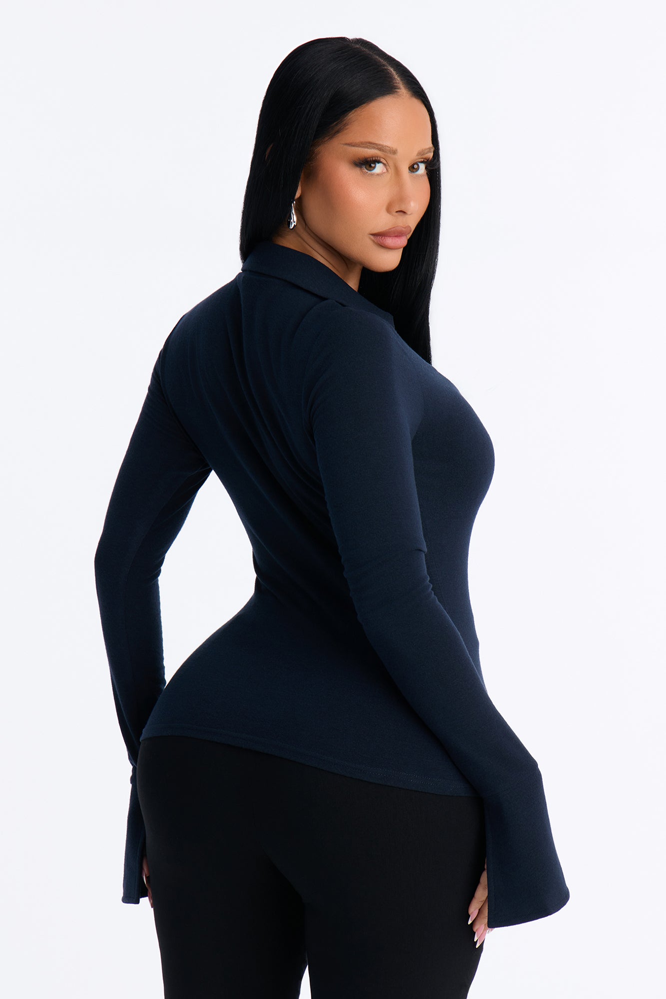 She's Focused Long Sleeve Collared Top - Navy