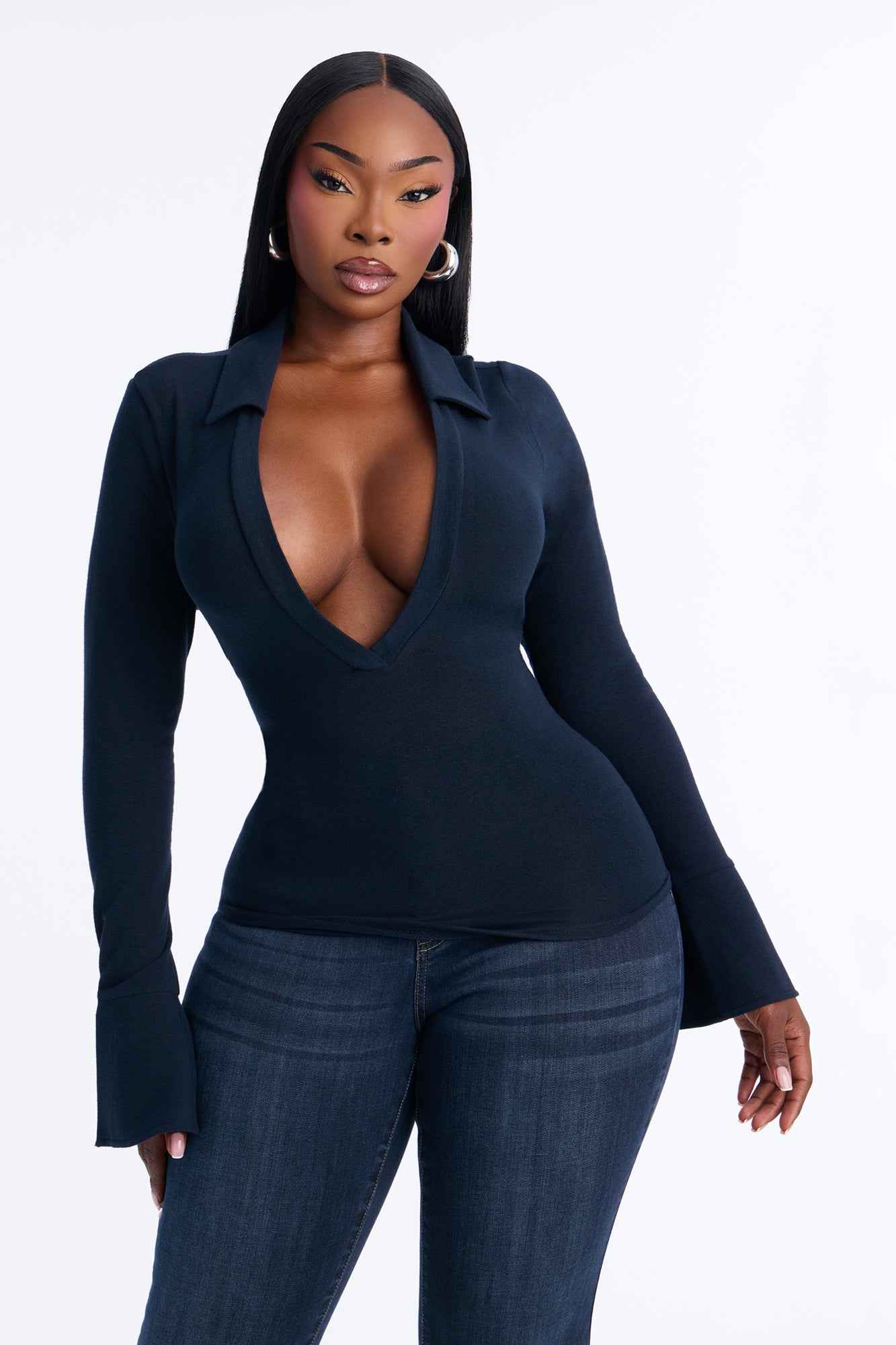 She's Focused Long Sleeve Collared Top - Navy