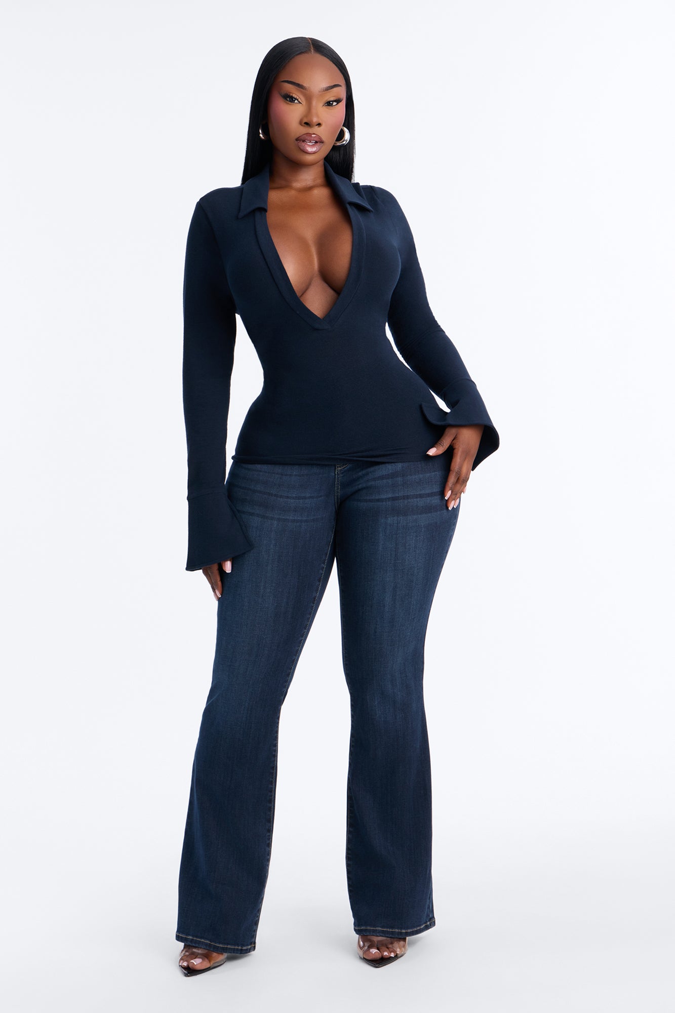 She's Focused Long Sleeve Collared Top - Navy