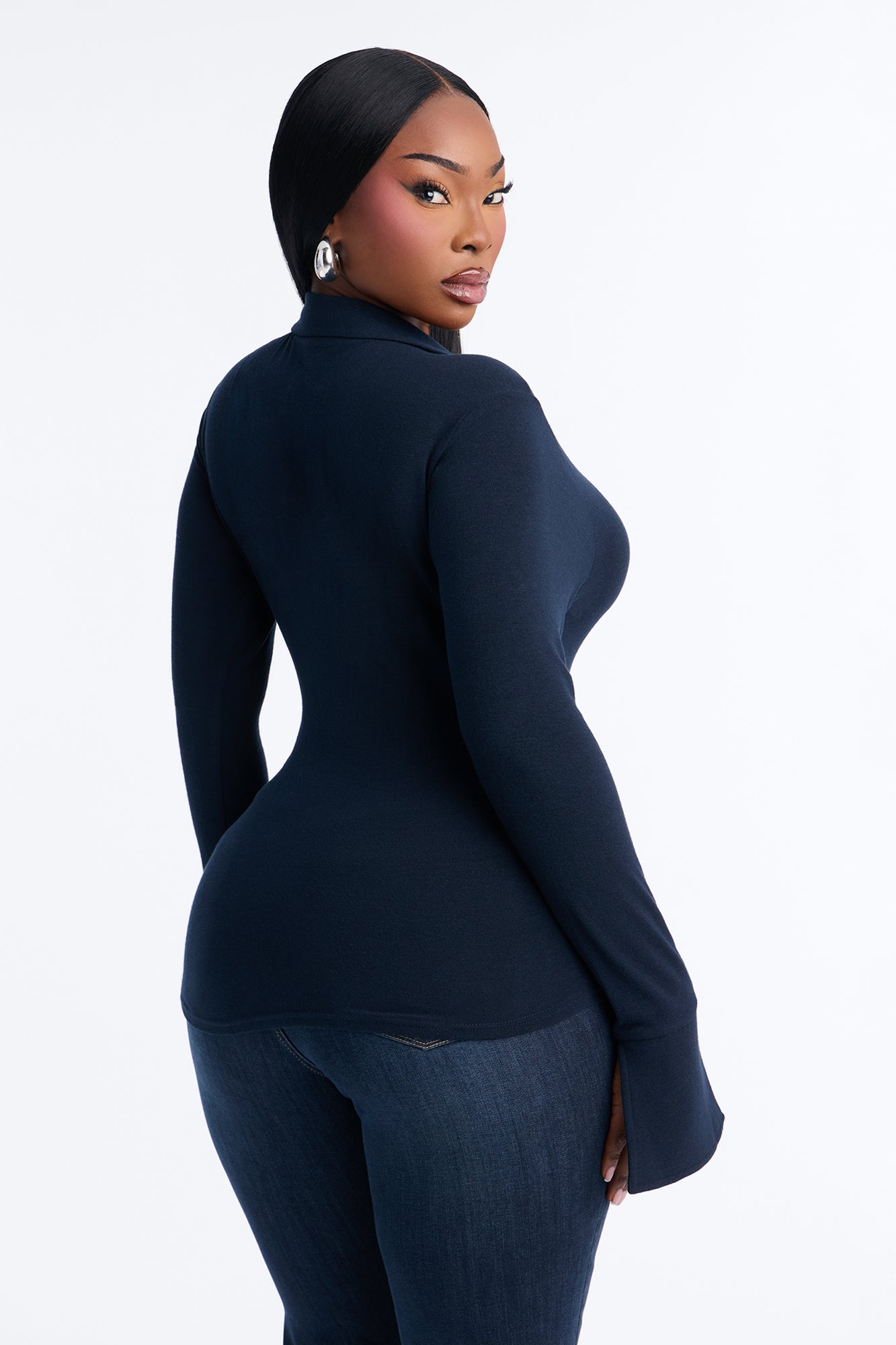 She's Focused Long Sleeve Collared Top - Navy