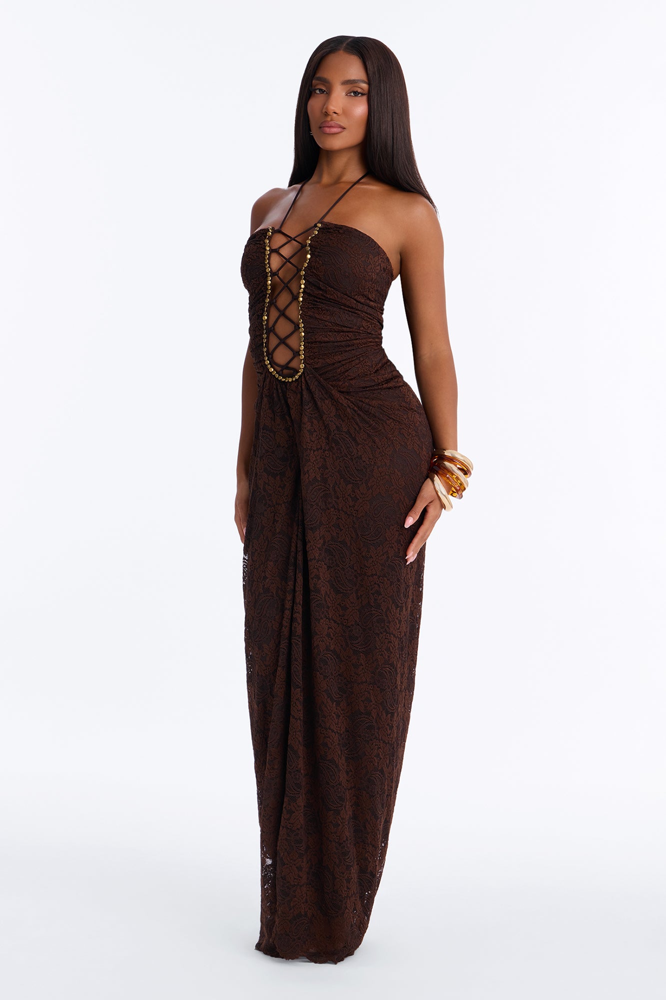 Mila Lace Maxi Dress - Brown