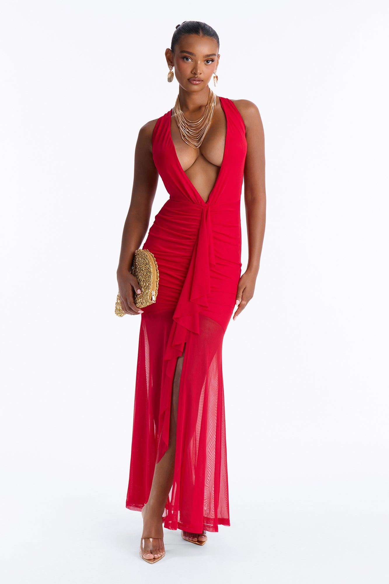 Inez Double Mesh Maxi Dress - Red