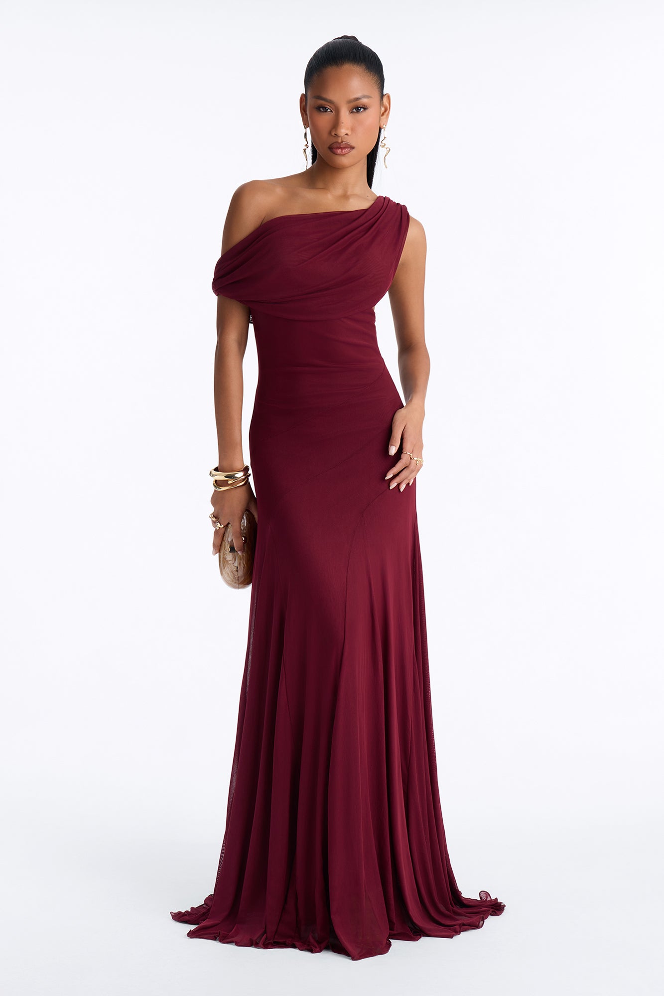 Anastasia Draped Mesh Maxi Dress - Wine