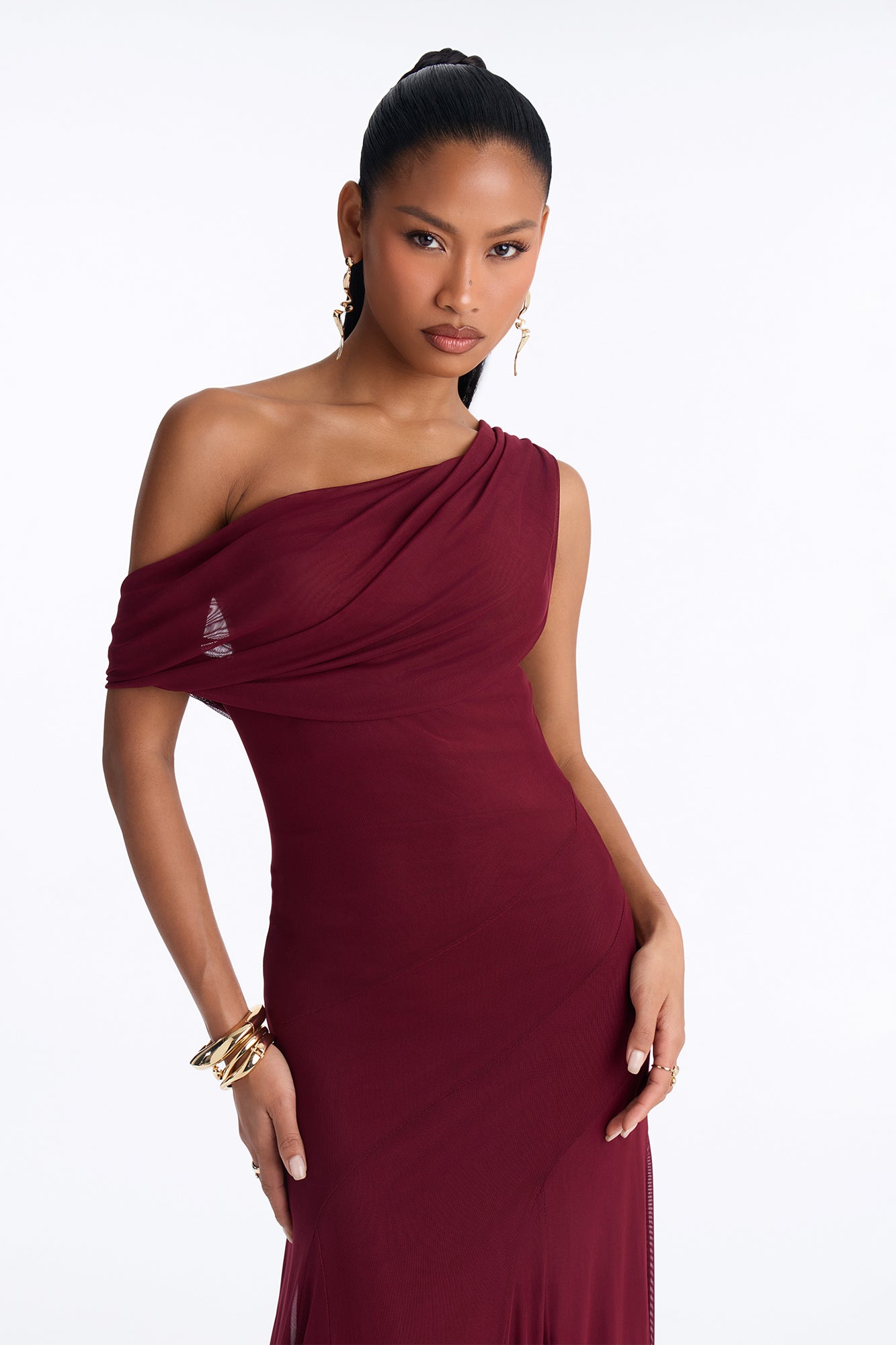 Anastasia Draped Mesh Maxi Dress - Wine