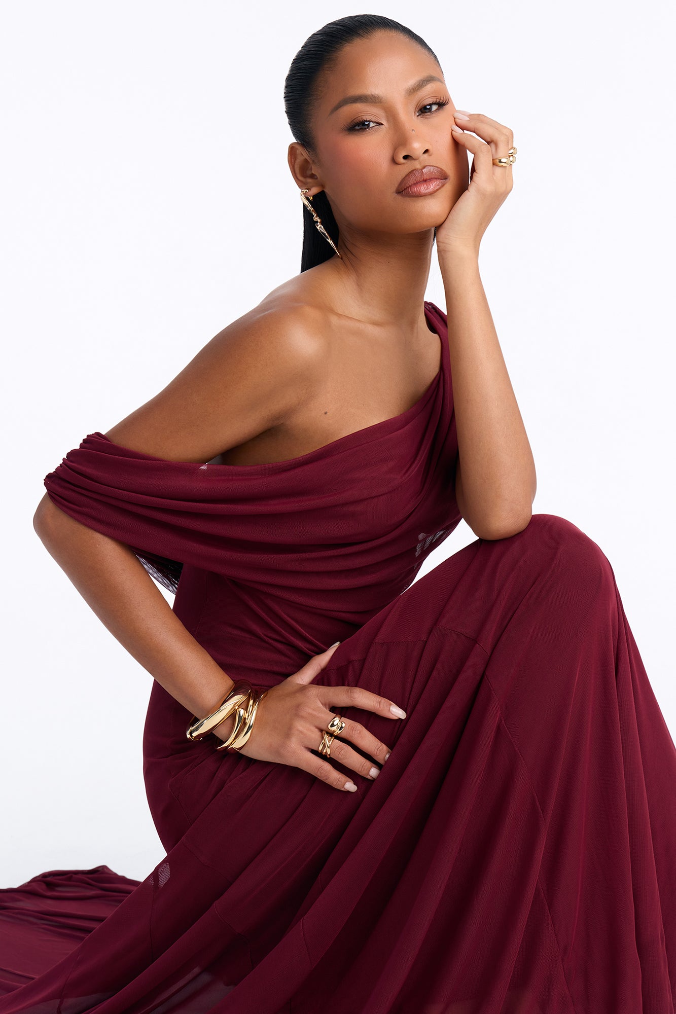 Anastasia Draped Mesh Maxi Dress - Wine