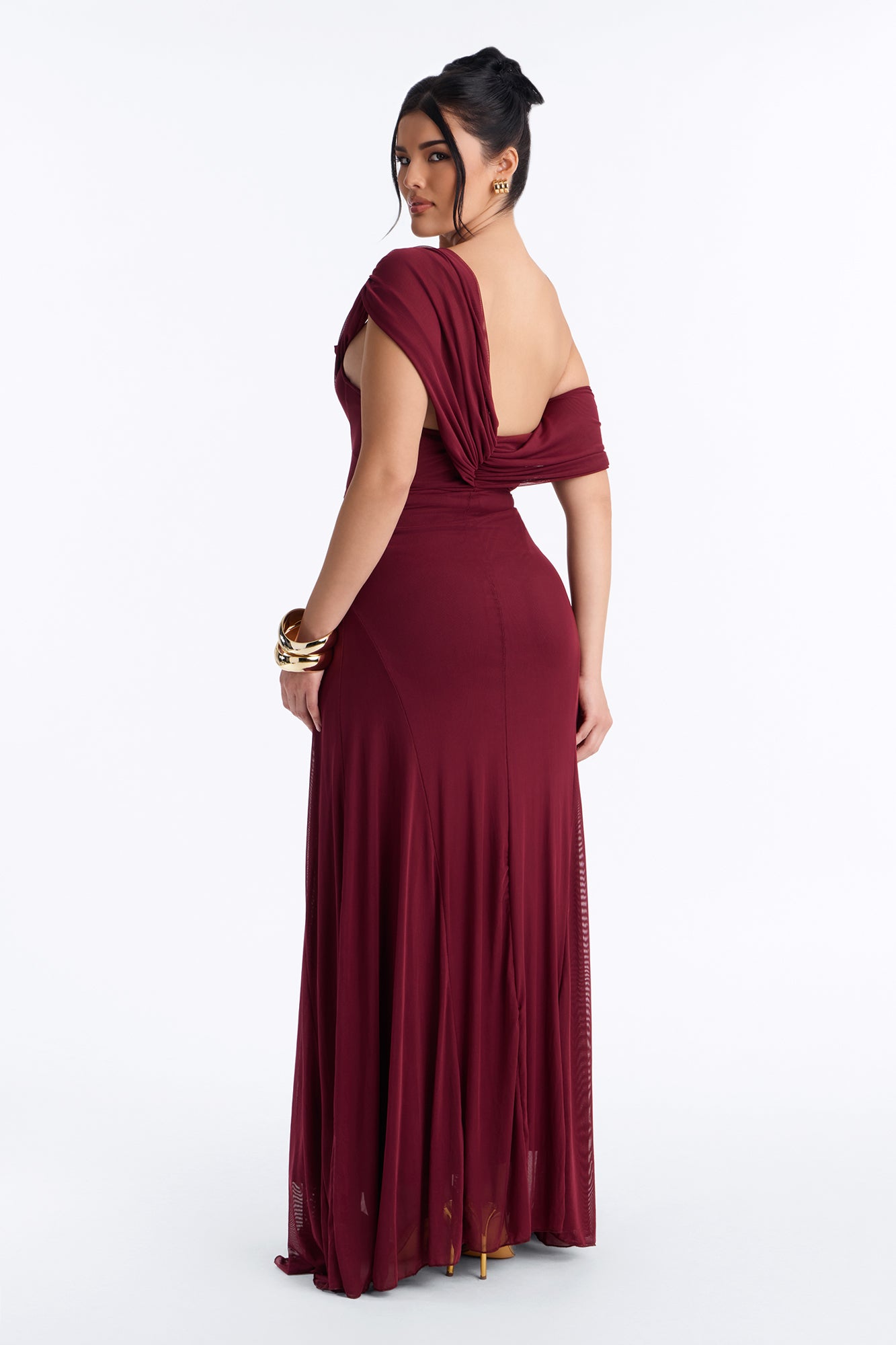 Anastasia Draped Mesh Maxi Dress - Wine