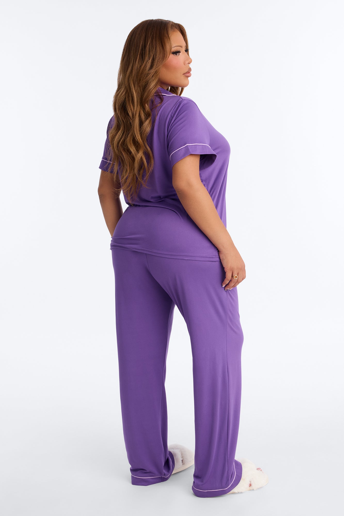 Blush Nights Short Sleeve Button Up PJ Pant Set - Purple