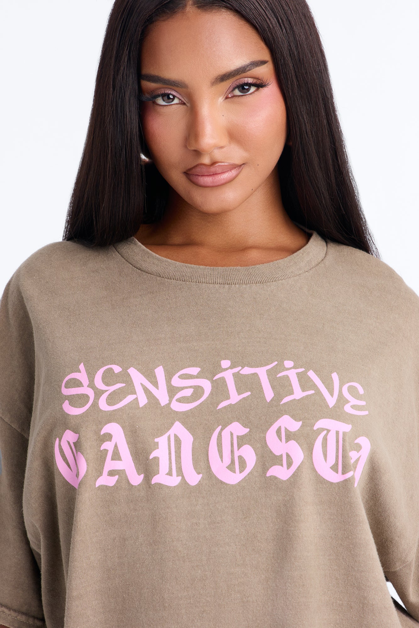 Sensitive Gangsta Washed Oversized Tee - Brown