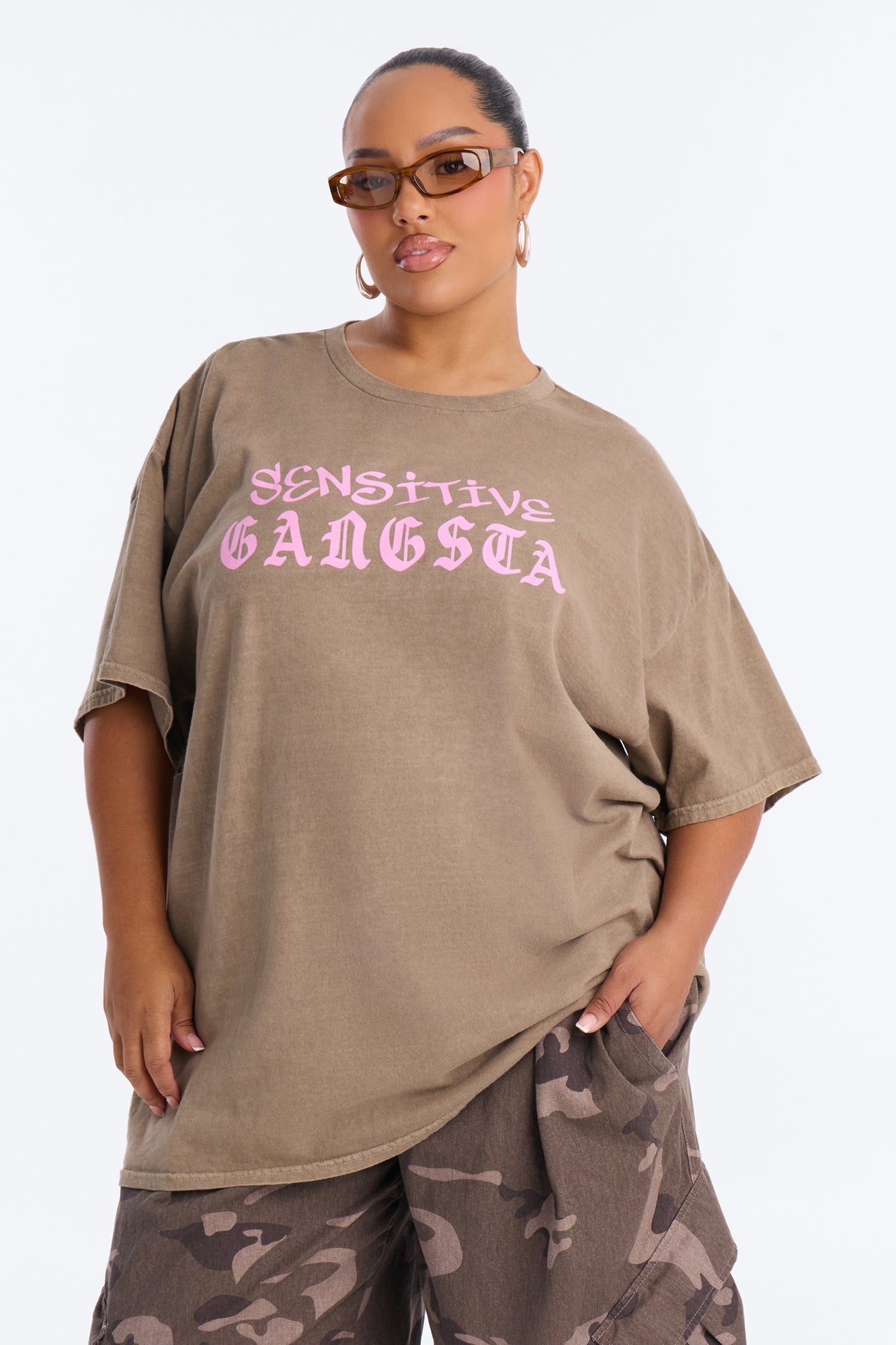Sensitive Gangsta Washed Oversized Tee - Brown