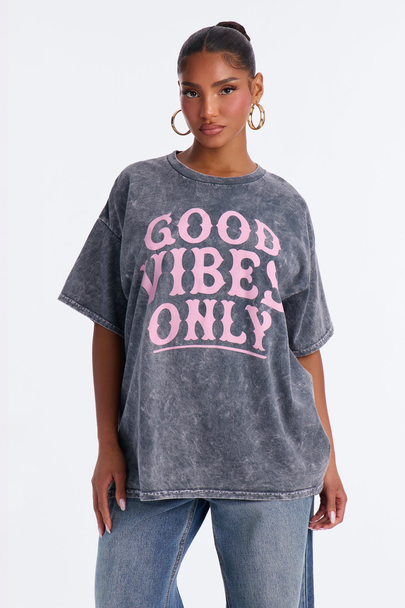 Good Vibes Only Washed Oversized Tee - Charcoal