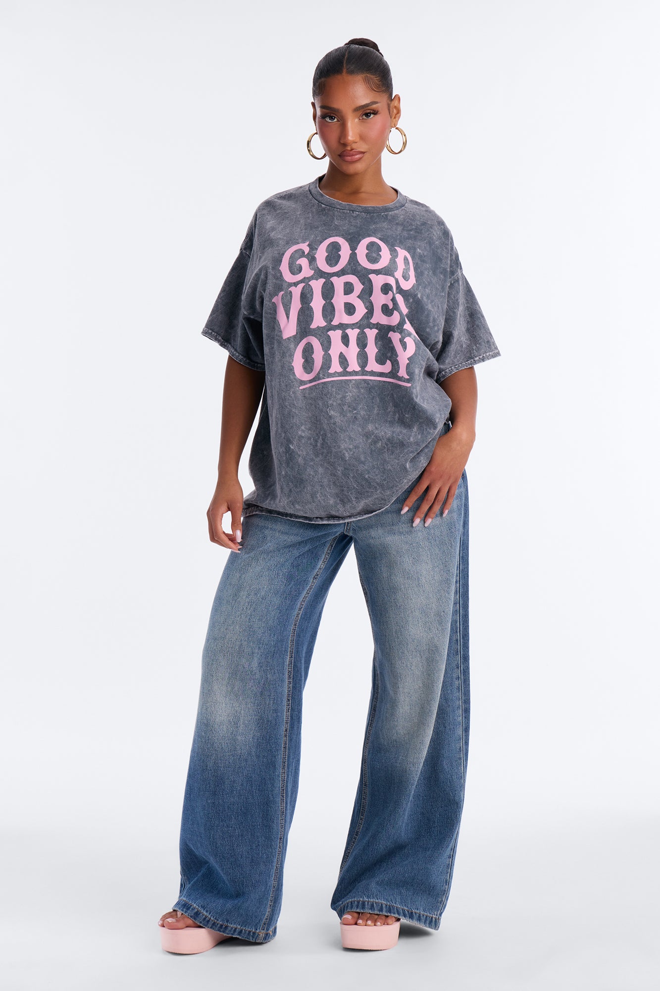 Good Vibes Only Washed Oversized Tee - Charcoal