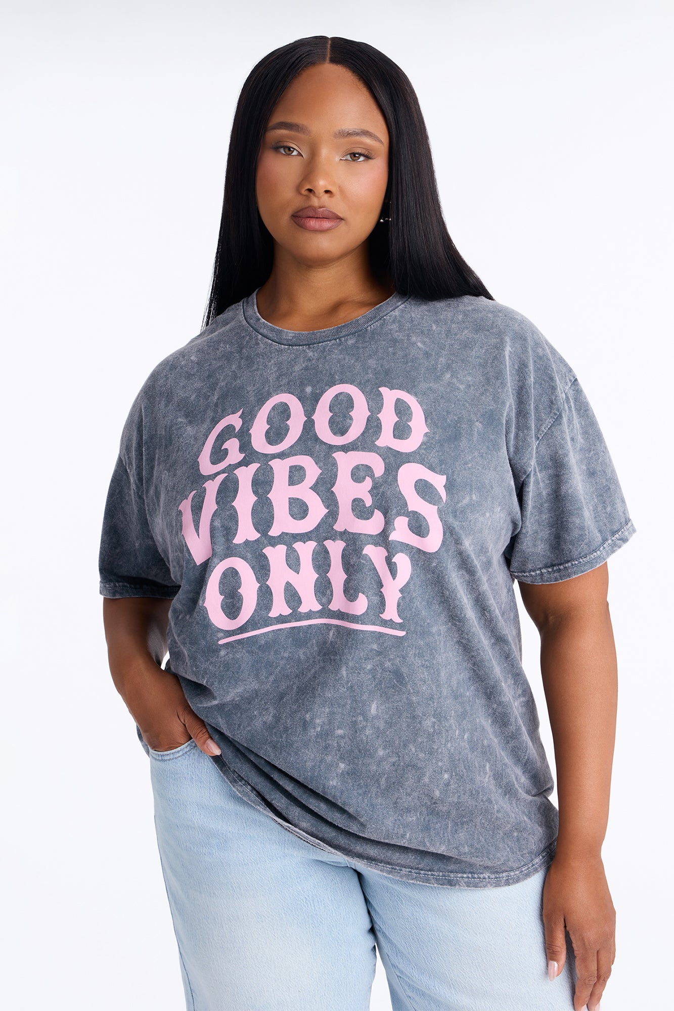 Good Vibes Only Washed Oversized Tee - Charcoal