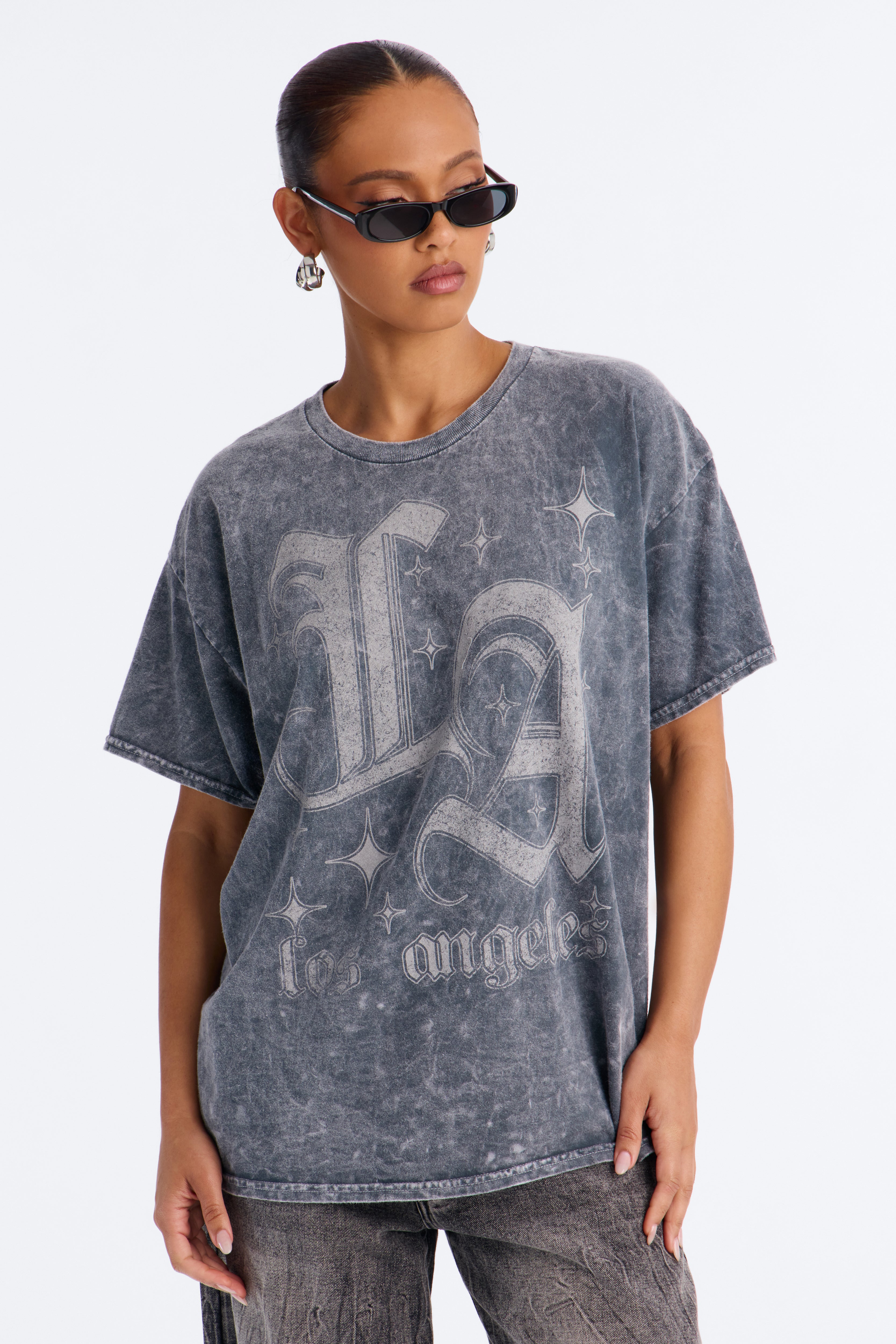 LA Sparkle Oversized Washed Tee - Charcoal