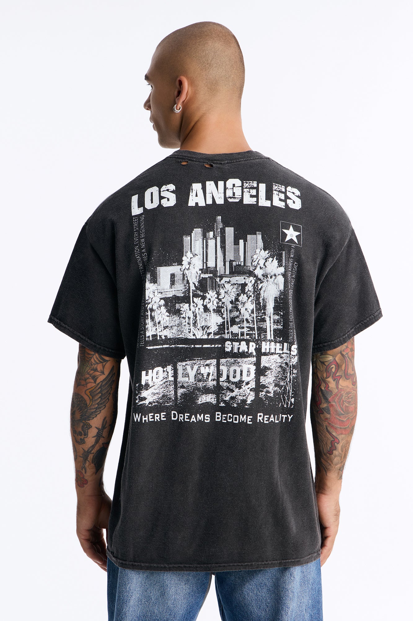 Hollywood Star Hills Distressed Vintage Oversized Short Sleeve Tee - Black