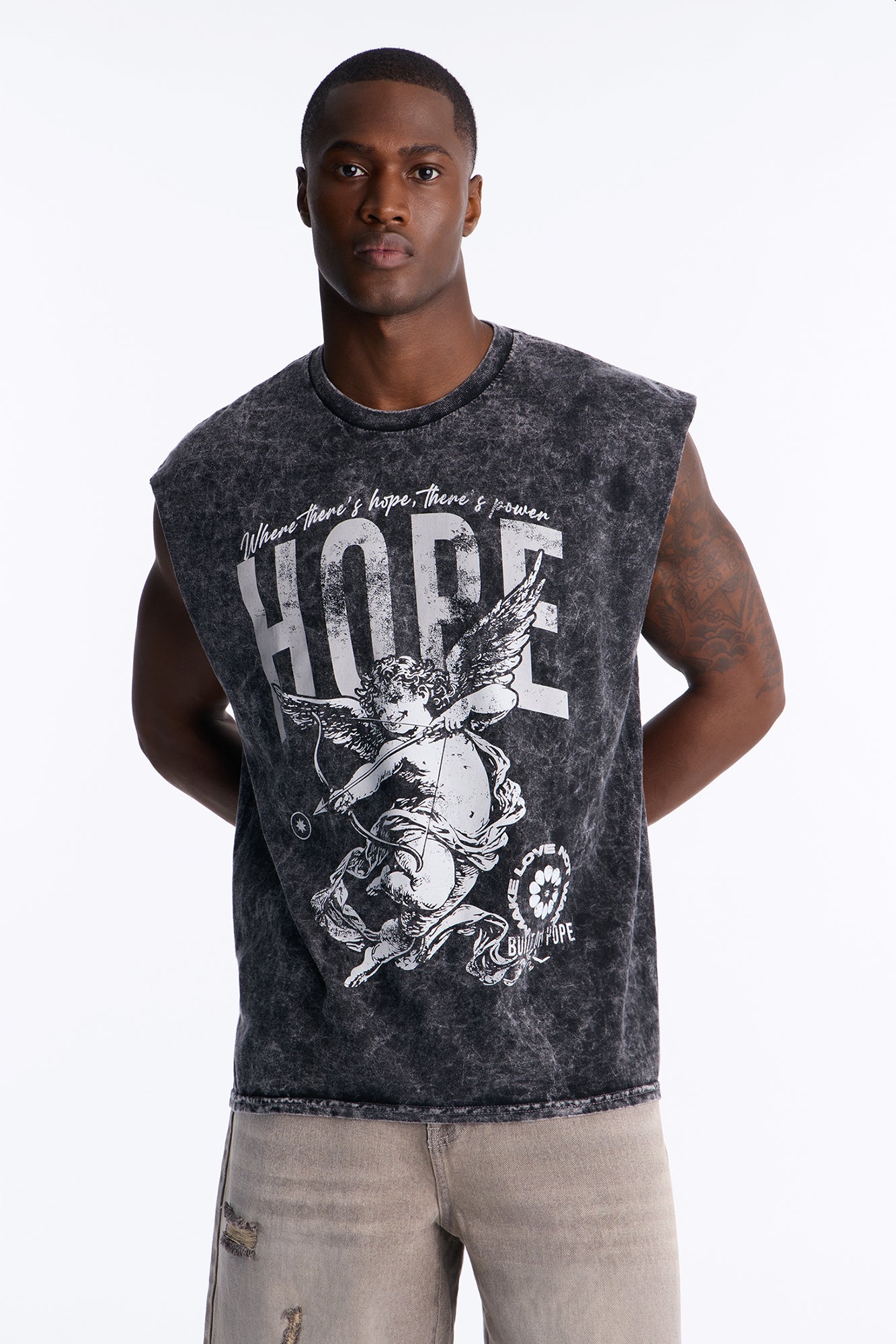 Hope Cherub Vintage Oversized Muscle Tee - Black
