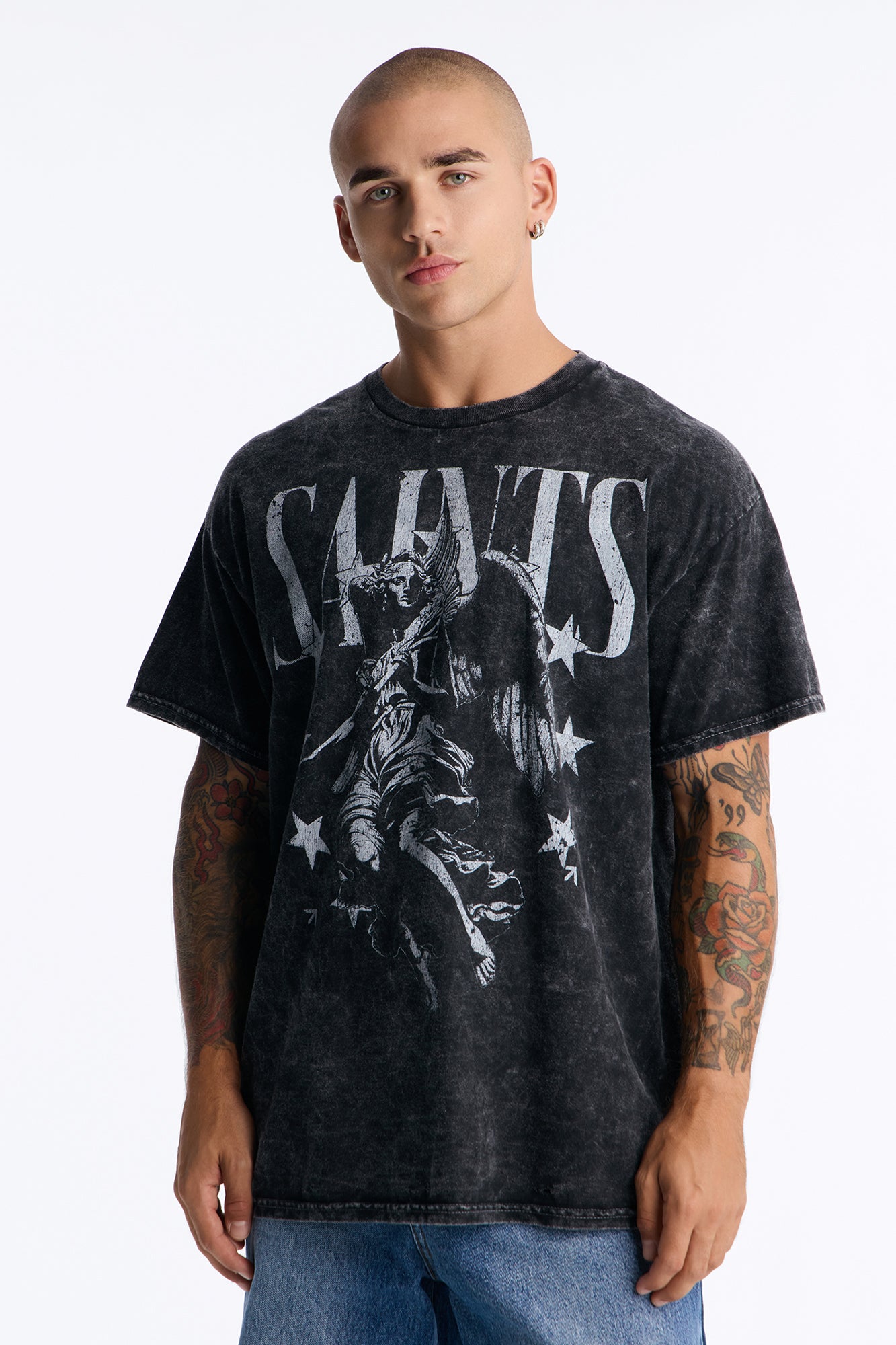 Saints And Stars Distressed Vintage Oversized Short Sleeve Tee - Black