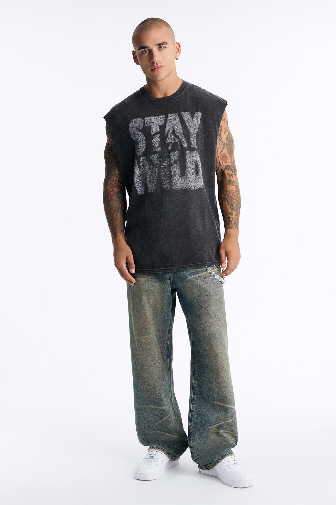 Stay Wild Distressed Vintage Oversized Muscle Tank - Black