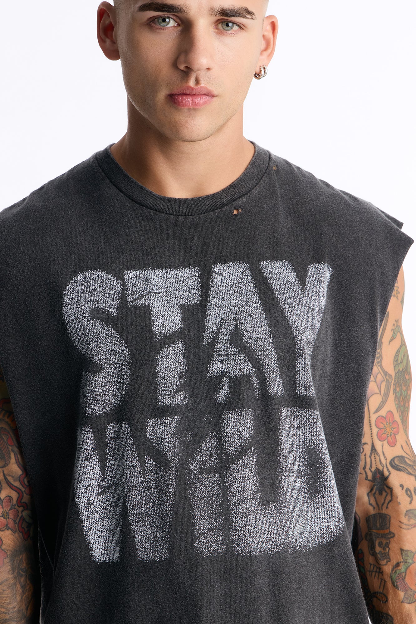 Stay Wild Distressed Vintage Oversized Muscle Tank - Black