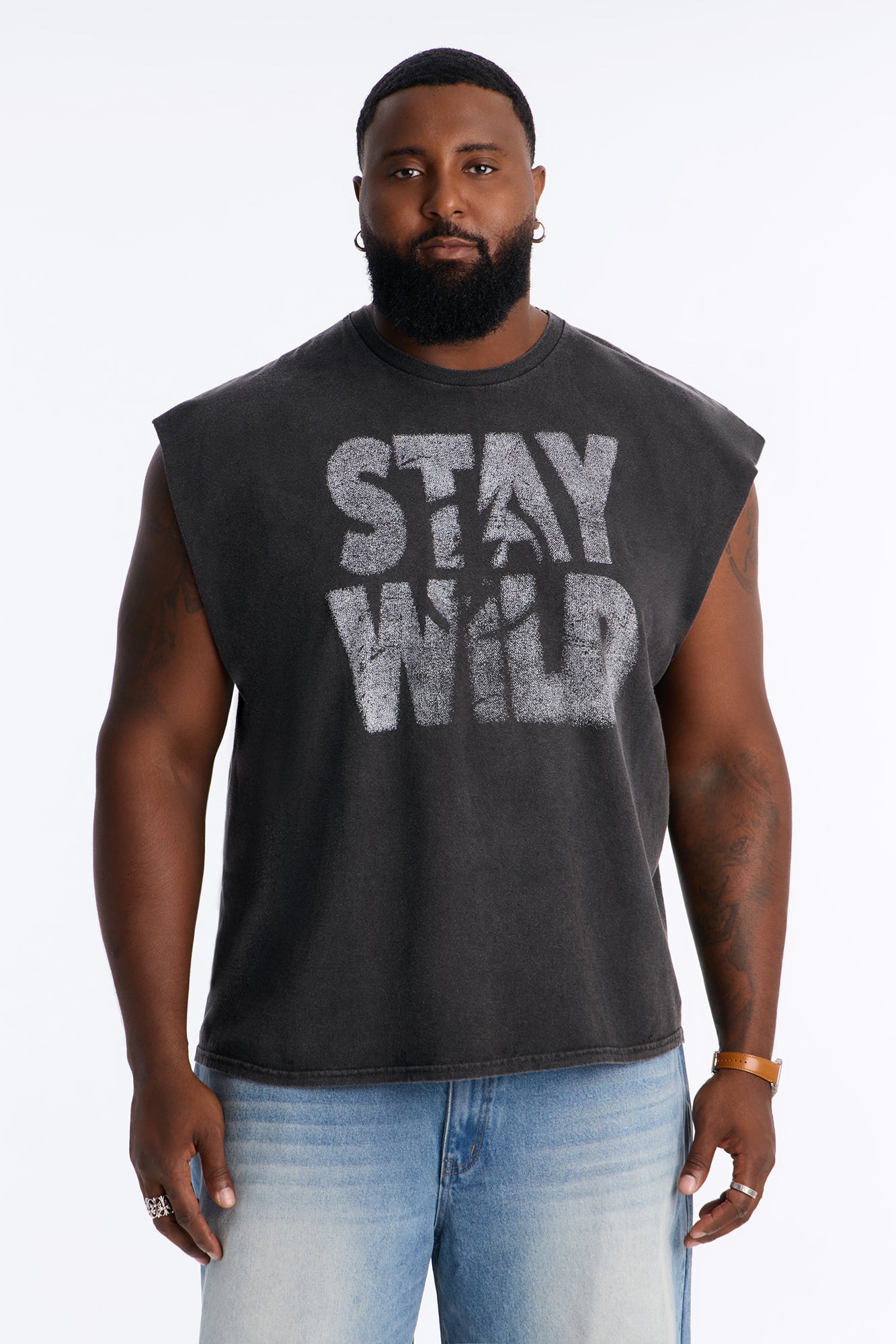 Stay Wild Distressed Vintage Oversized Muscle Tank - Black