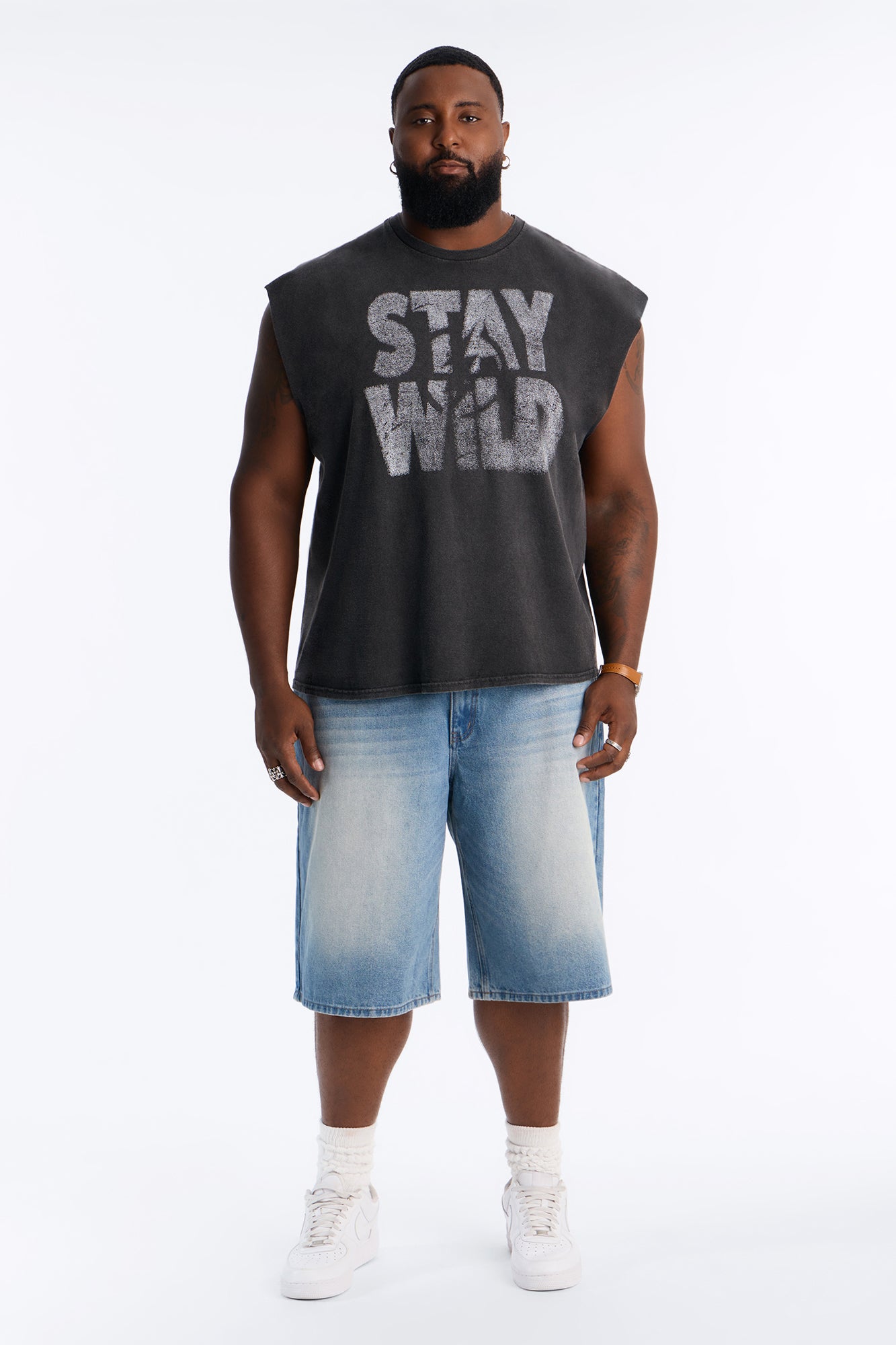 Stay Wild Distressed Vintage Oversized Muscle Tank - Black