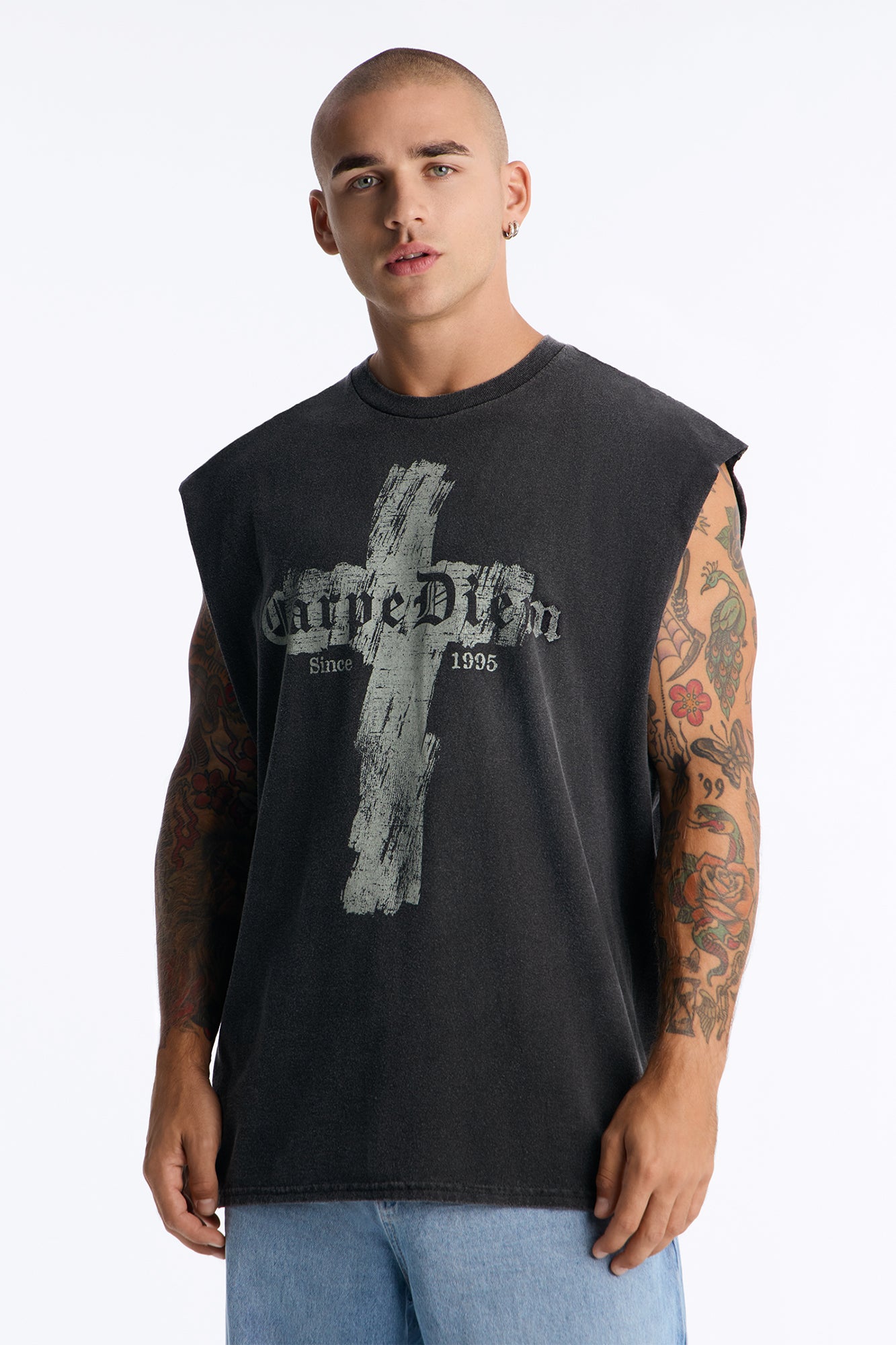 Carpe Diem Vintage Oversized Muscle Tank - Black