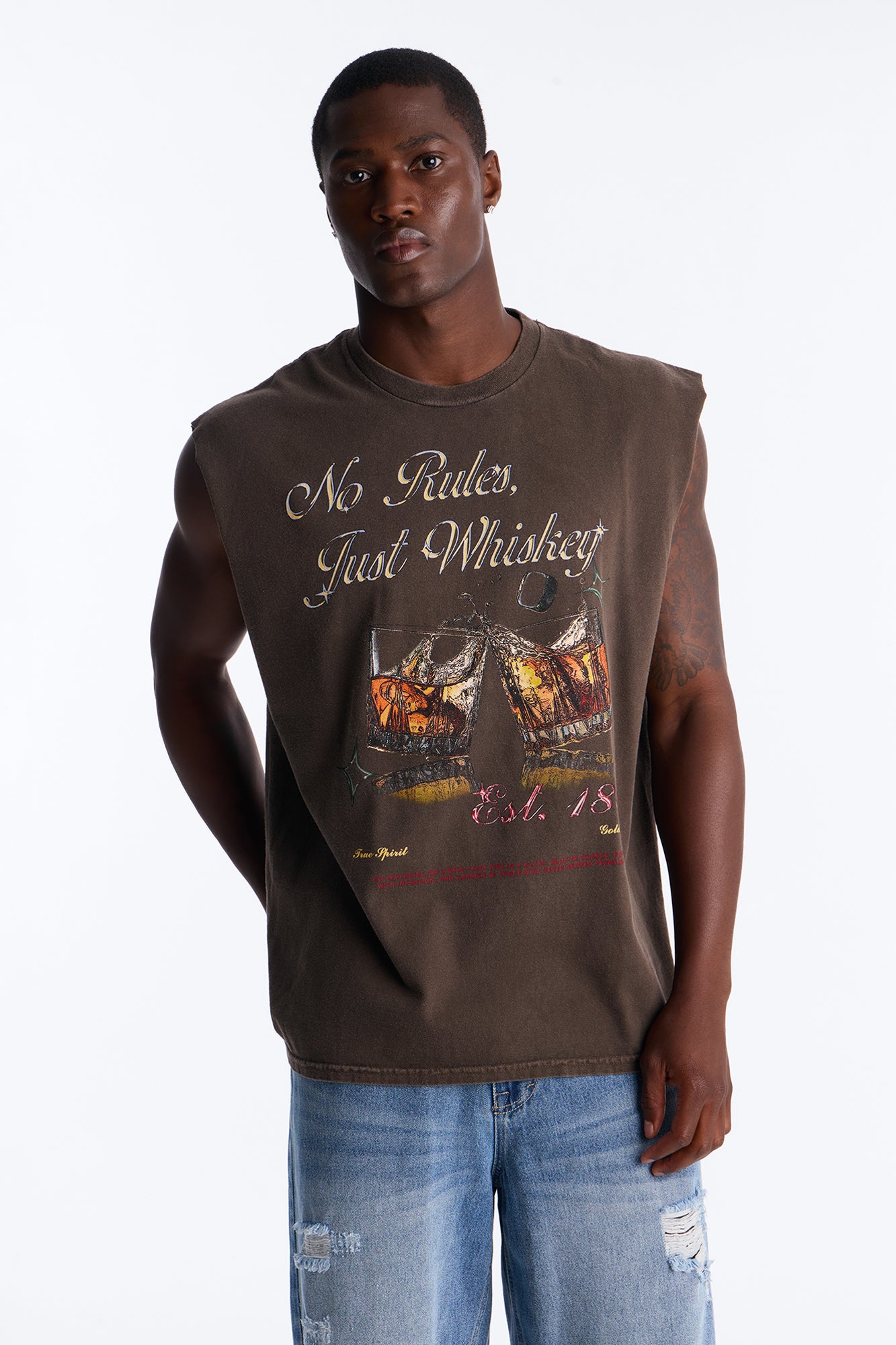 No Rules Just Whiskey Vintage Oversized Muscle Tee - Dark Brown