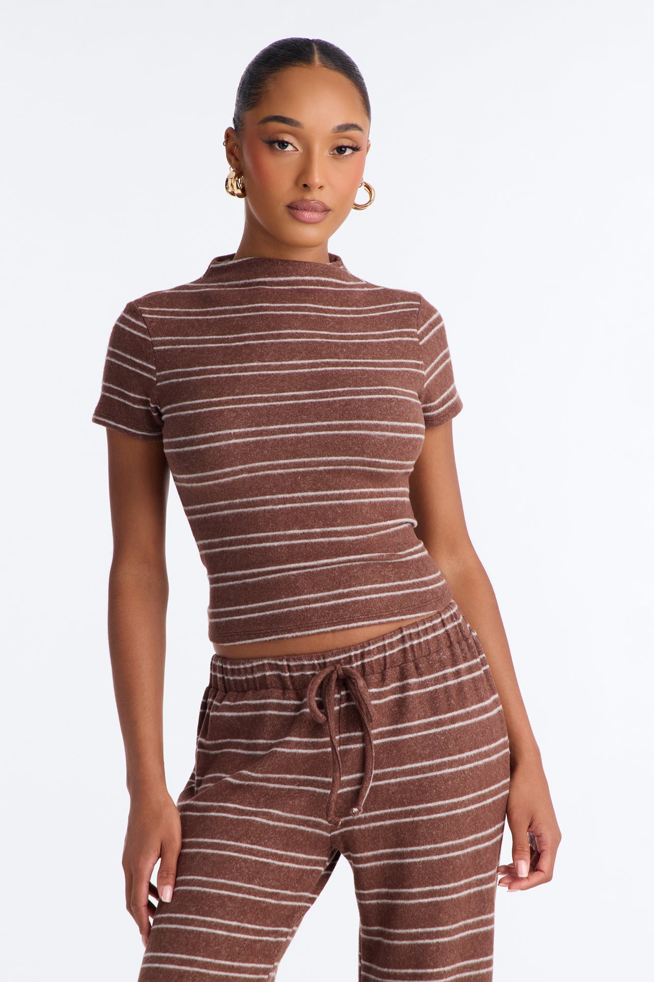 Hang Around Striped Hacci Pant Set - Mocha