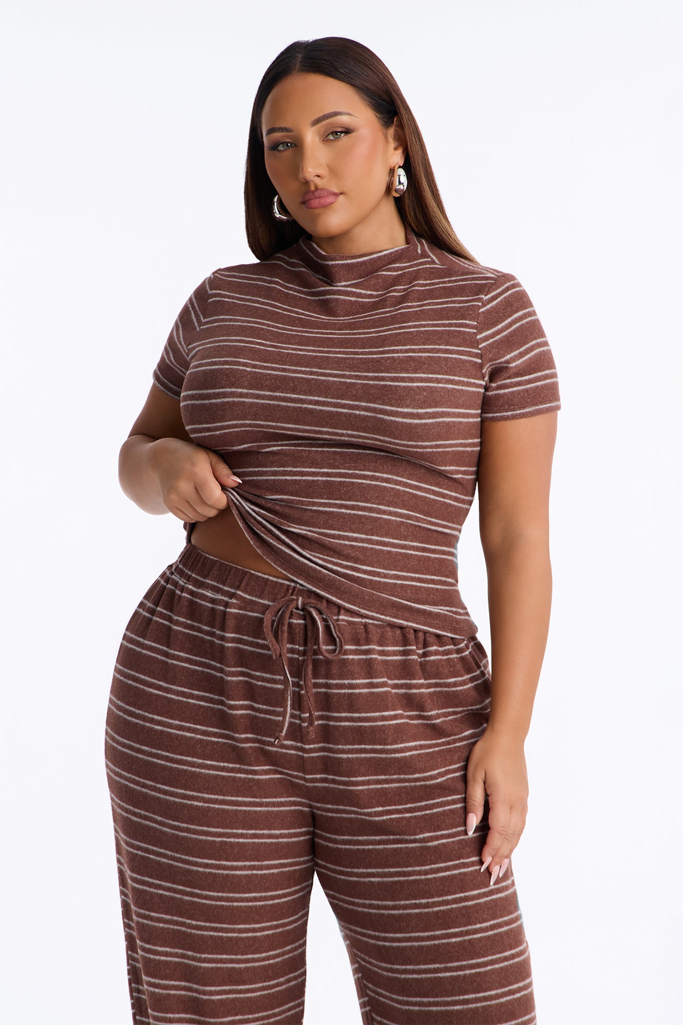 Hang Around Striped Hacci Pant Set - Mocha