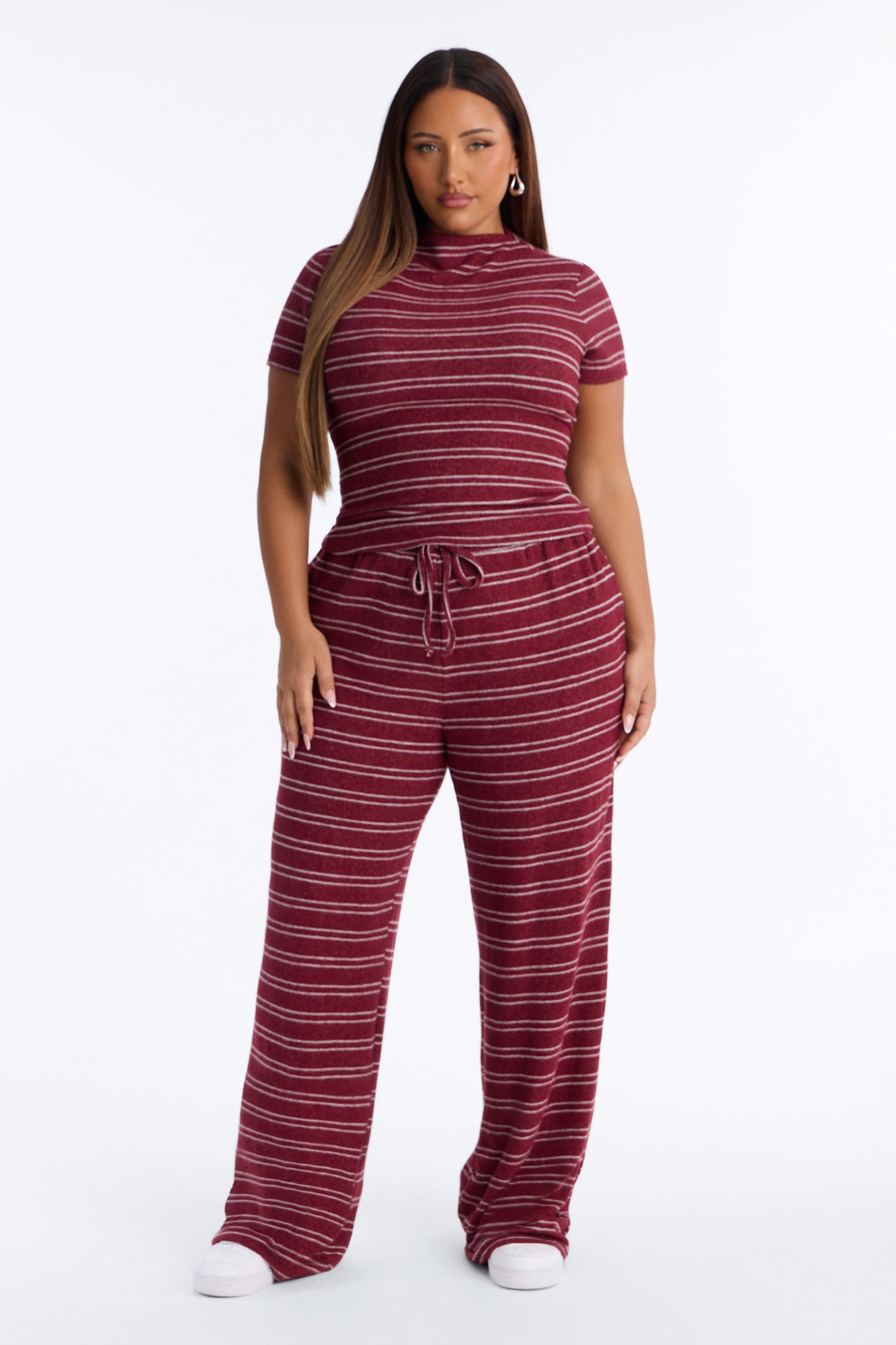 Hang Around Striped Hacci Pant Set - Wine