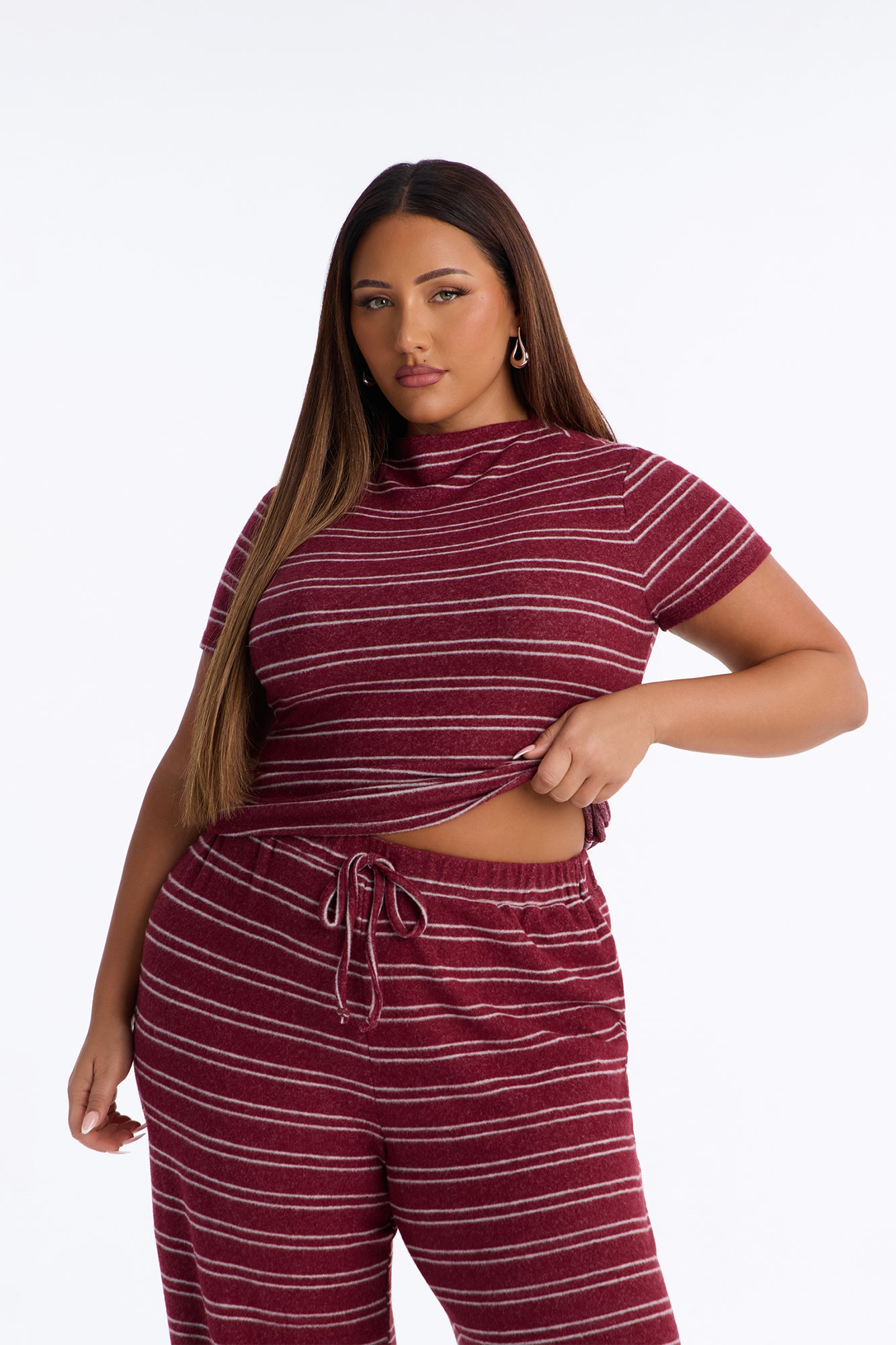 Hang Around Striped Hacci Pant Set - Wine