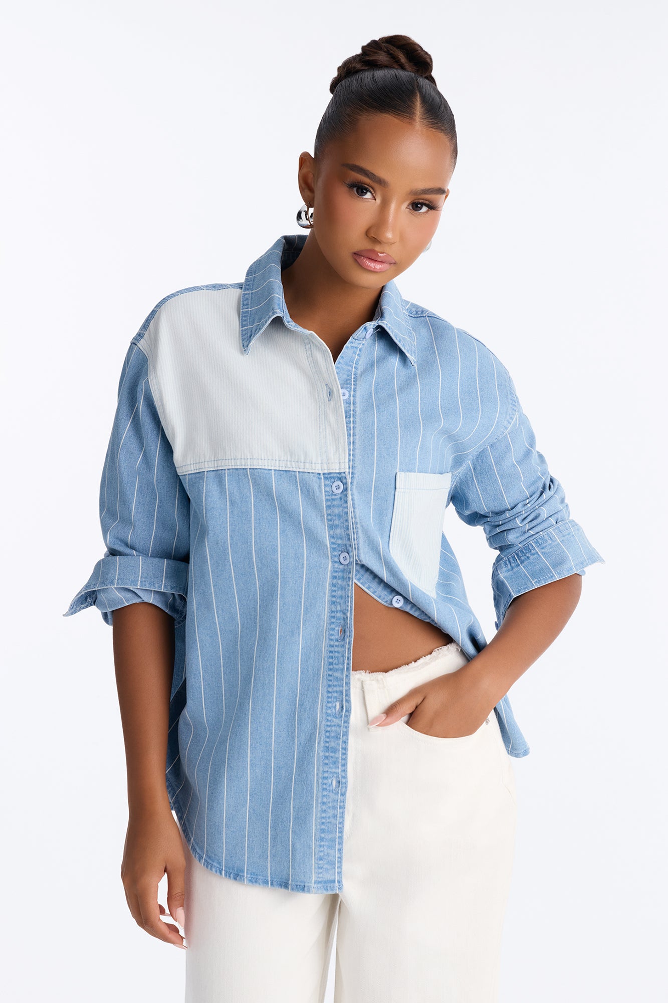 Above Average Striped Denim Button Up Shirt - Blue